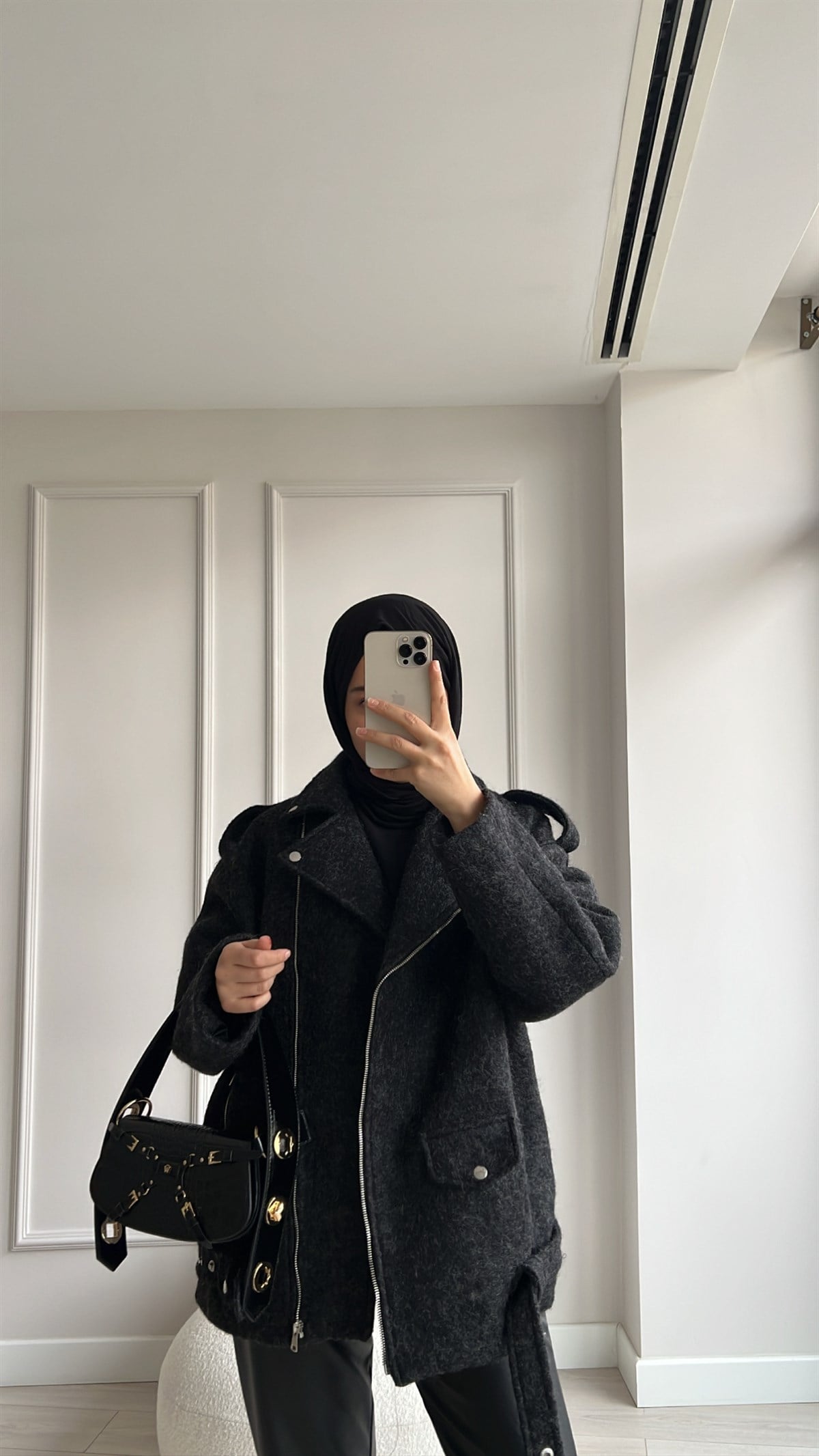 Siyah Kaşe Biker Mont