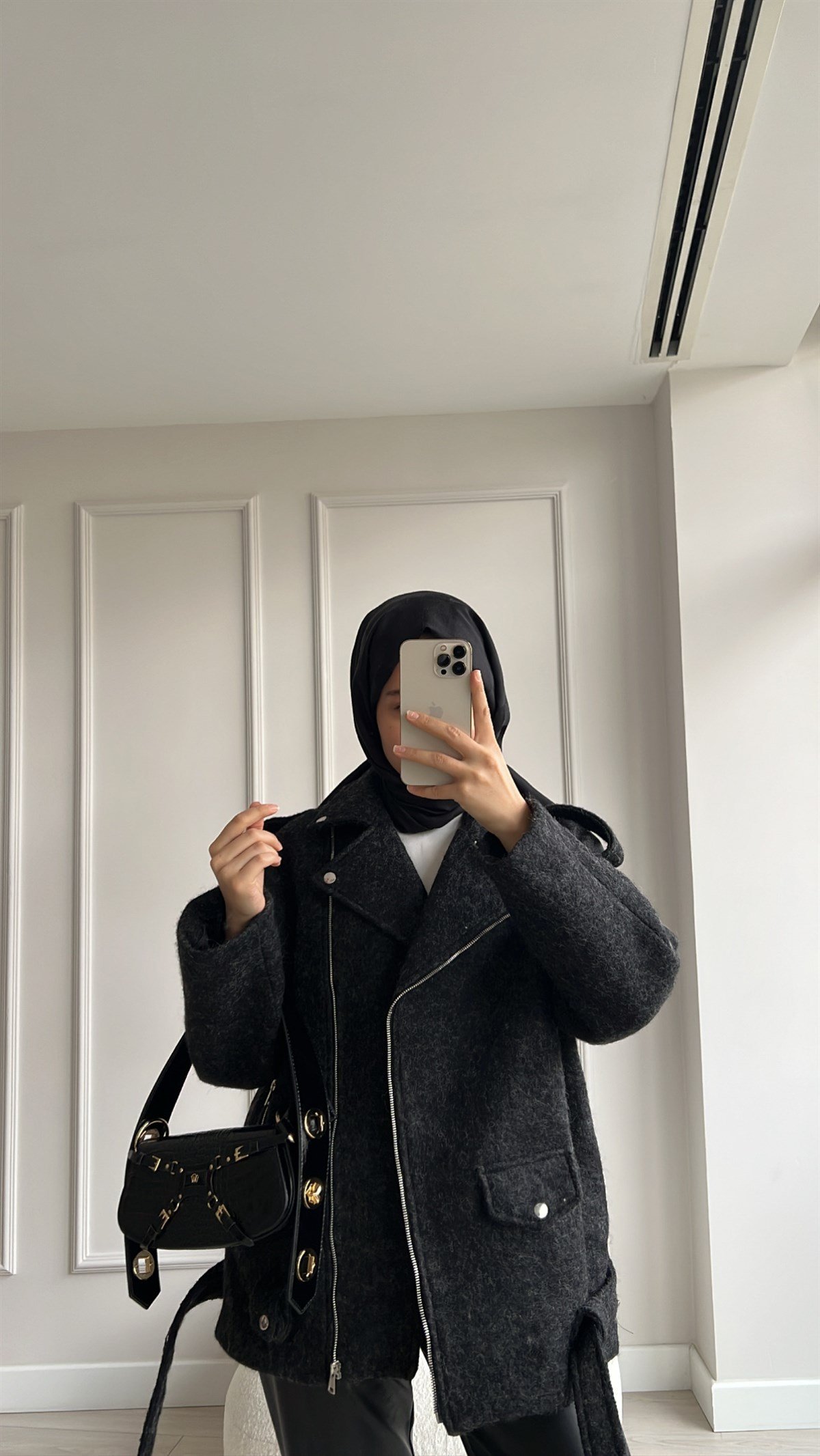 Siyah Kaşe Biker Mont