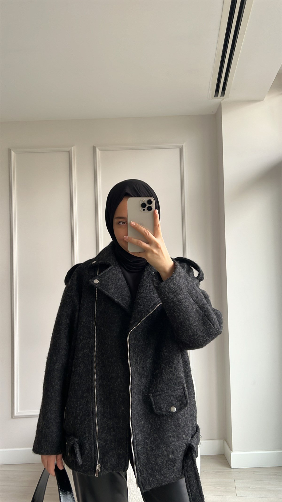 Siyah Kaşe Biker Mont