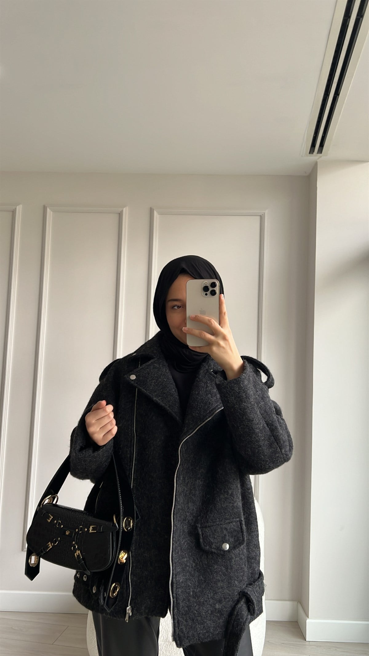 Siyah Kaşe Biker Mont