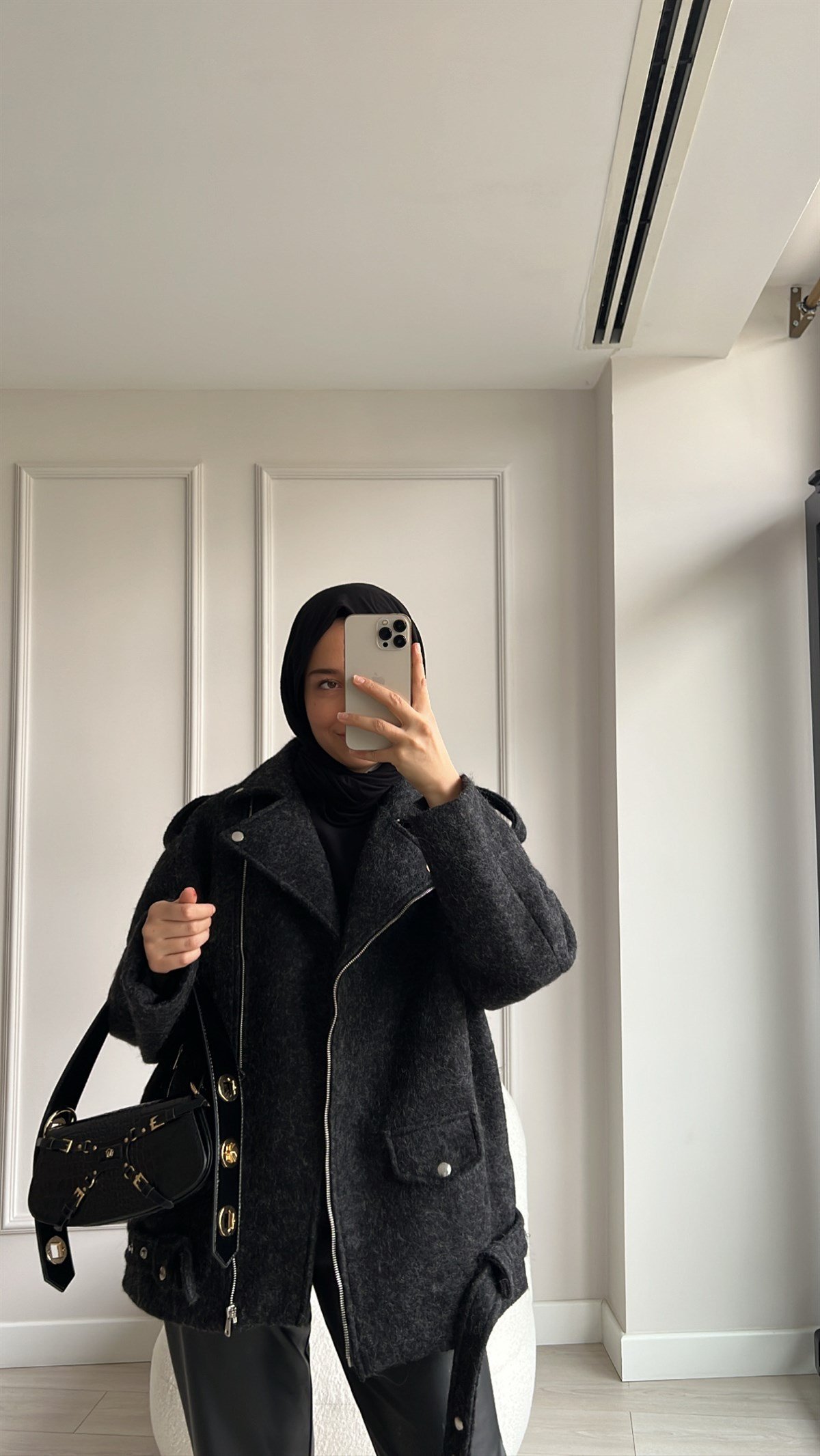 Siyah Kaşe Biker Mont