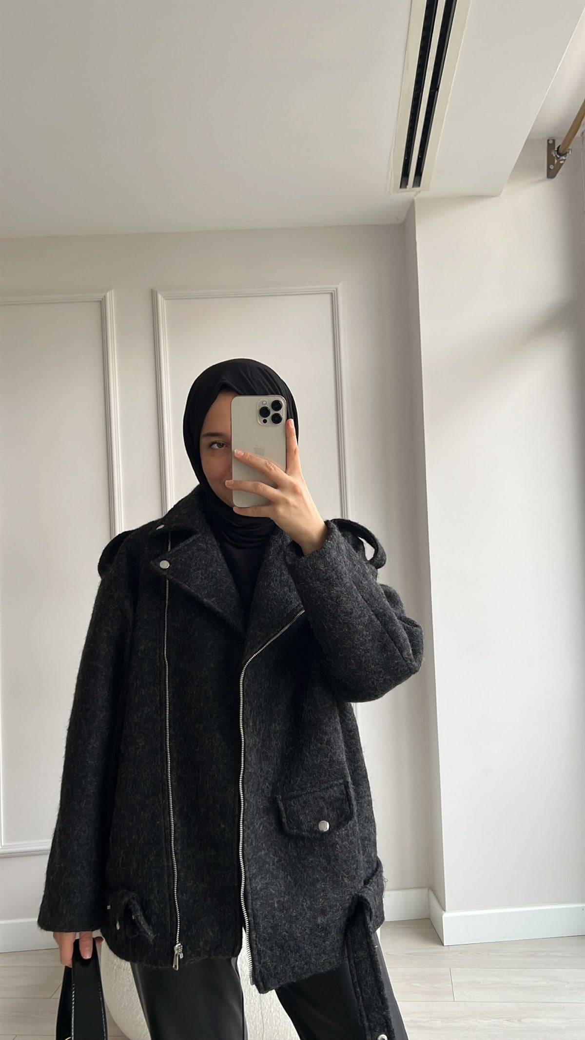 Siyah Kaşe Biker Mont