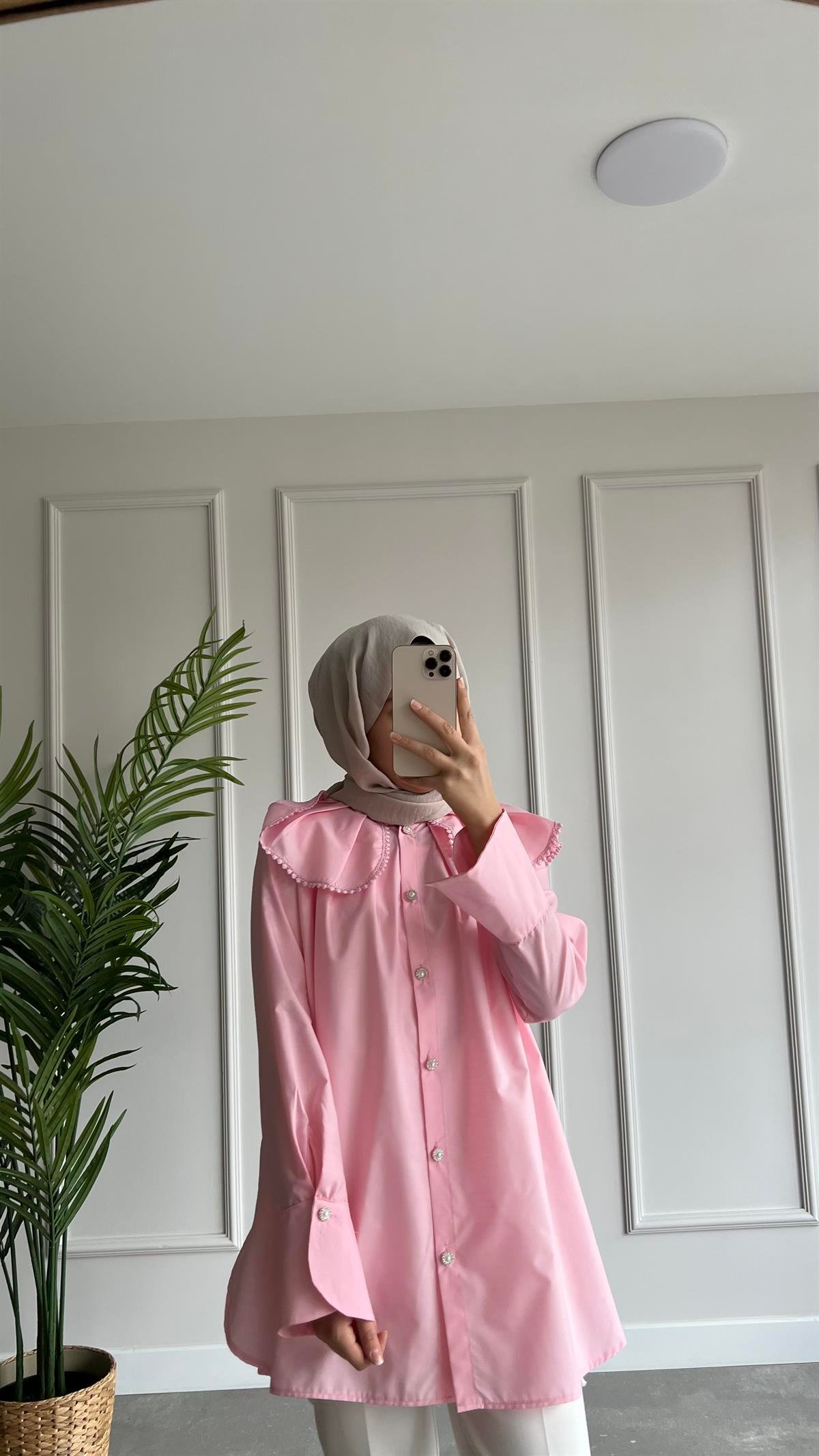 Taşlı Yaka Detaylı Gömlek - Pembe