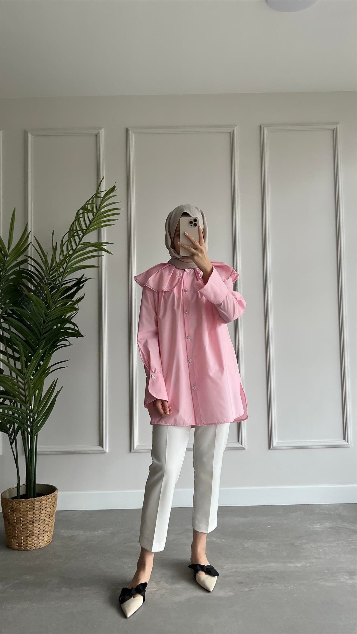 Taşlı Yaka Detaylı Gömlek - Pembe