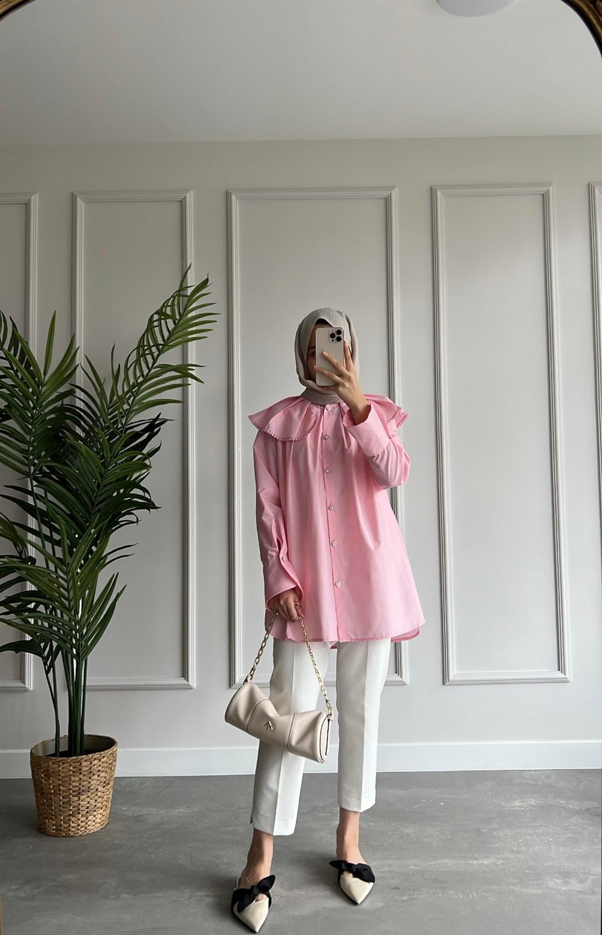 Taşlı Yaka Detaylı Gömlek - Pembe