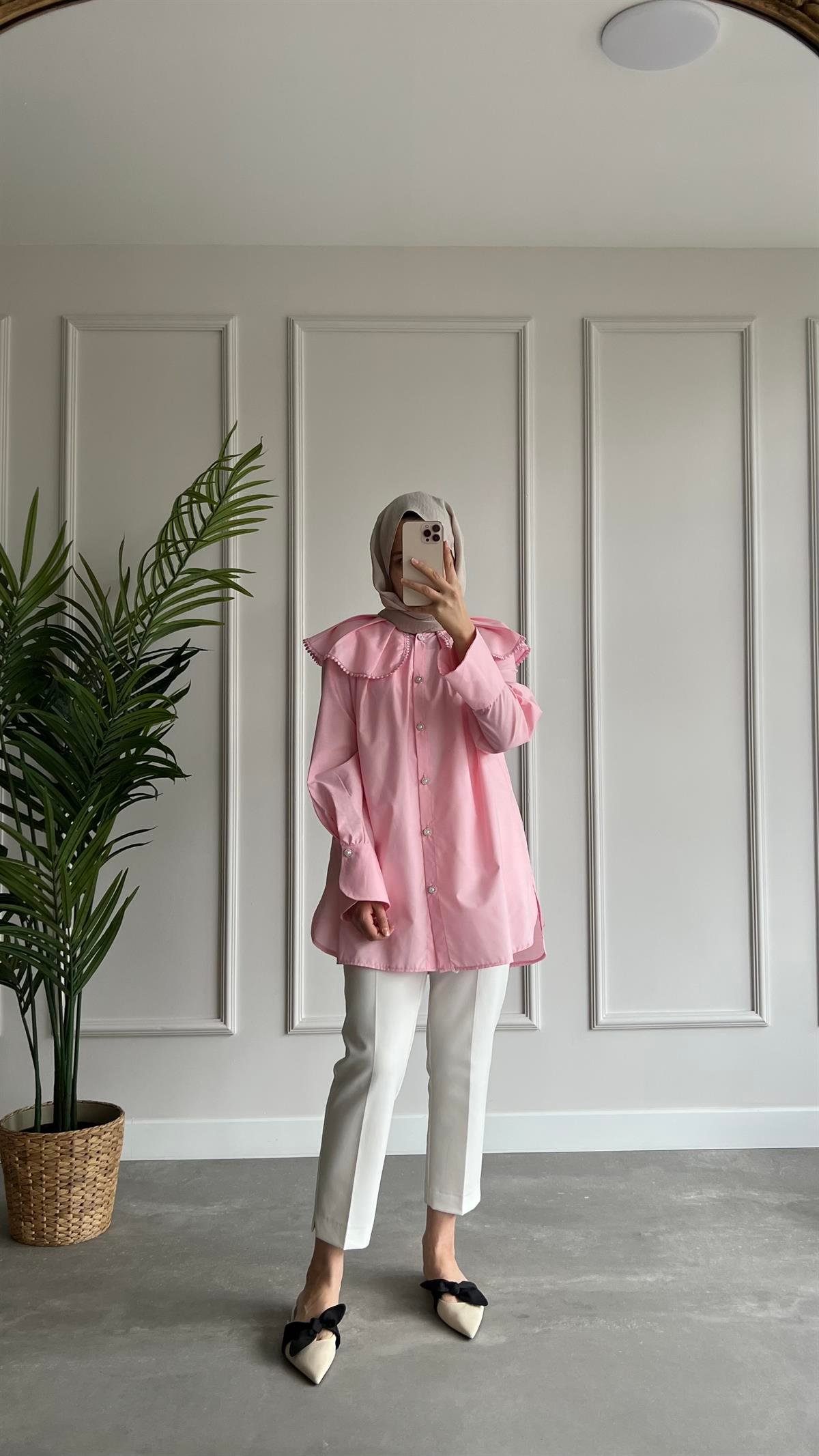 Taşlı Yaka Detaylı Gömlek - Pembe