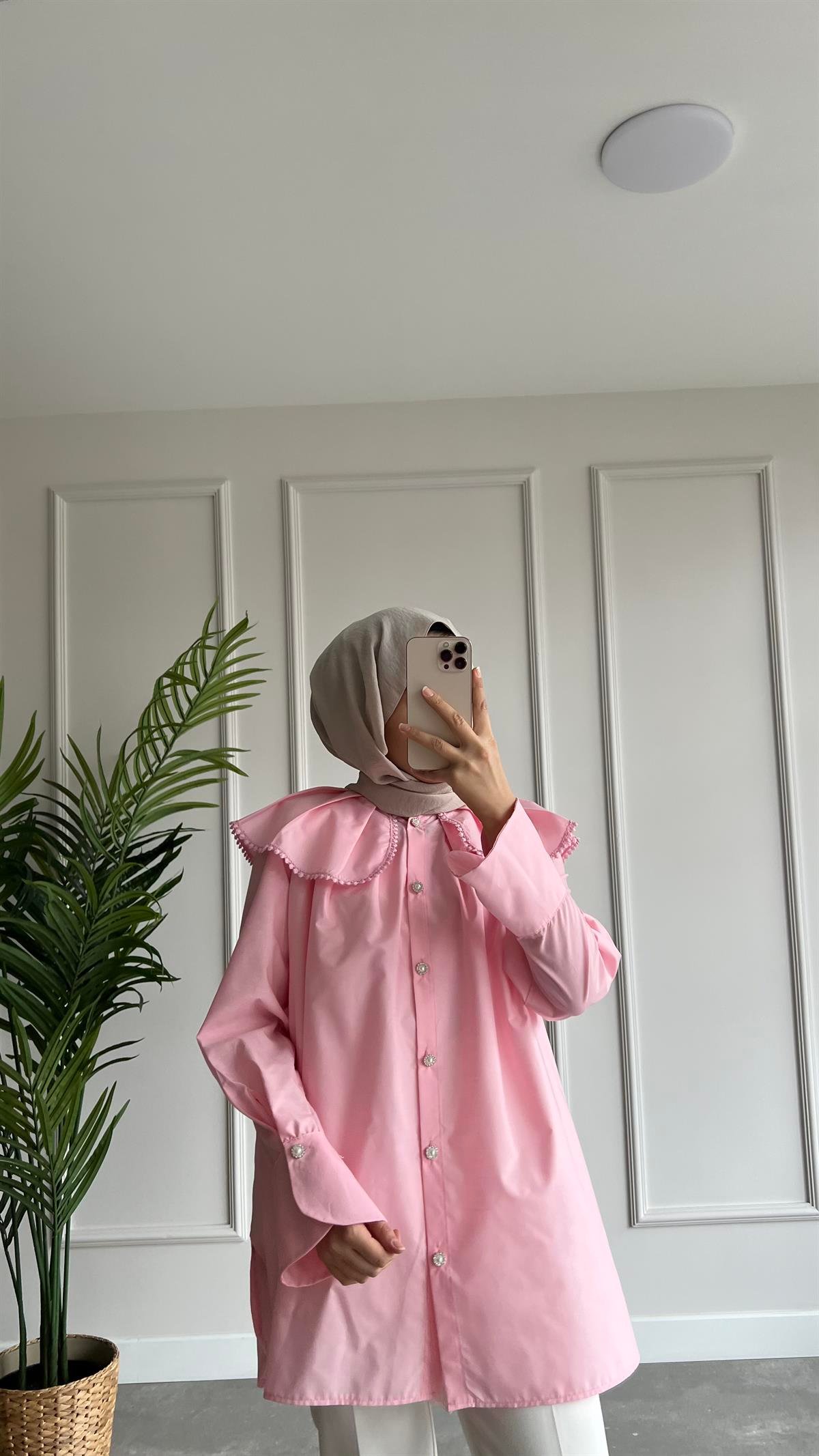 Taşlı Yaka Detaylı Gömlek - Pembe