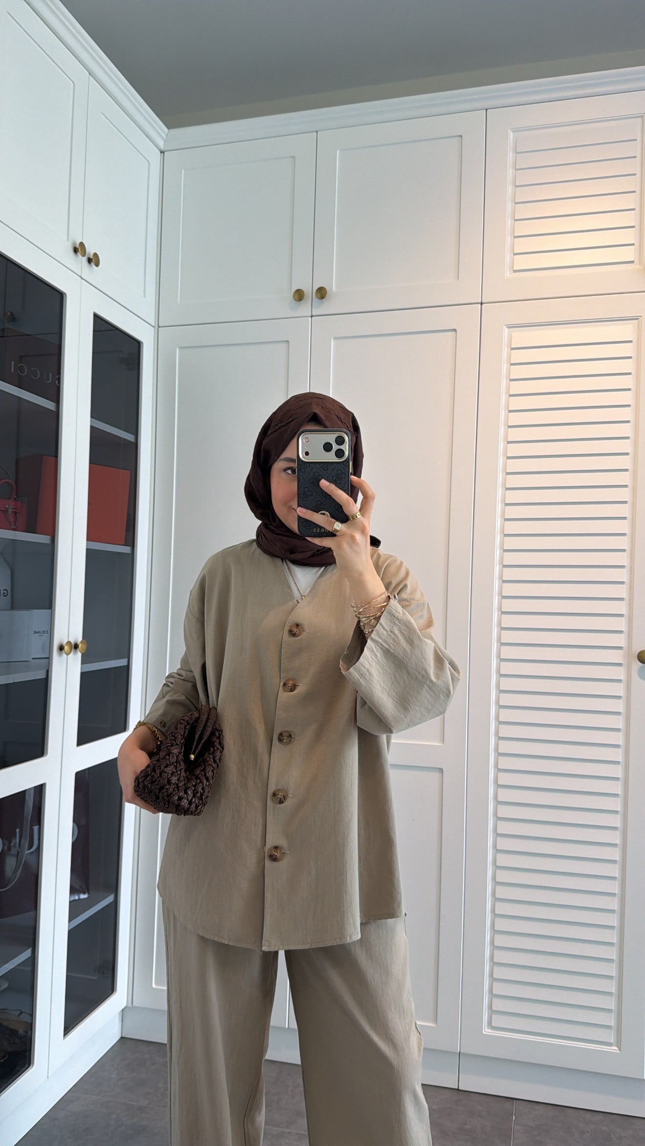 V Yaka Oversize Keten Takım Haki