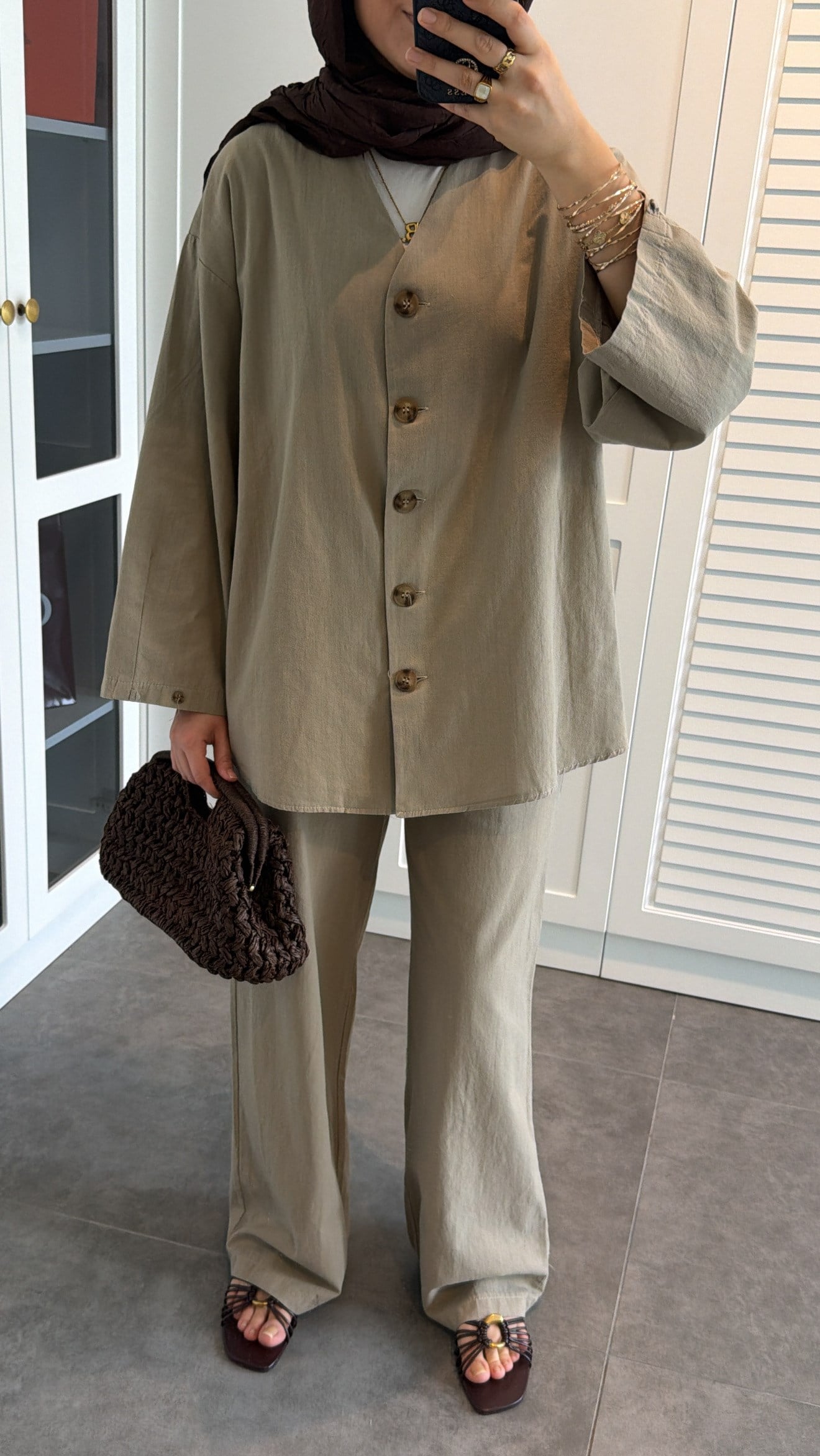 V Yaka Oversize Keten Takım Haki