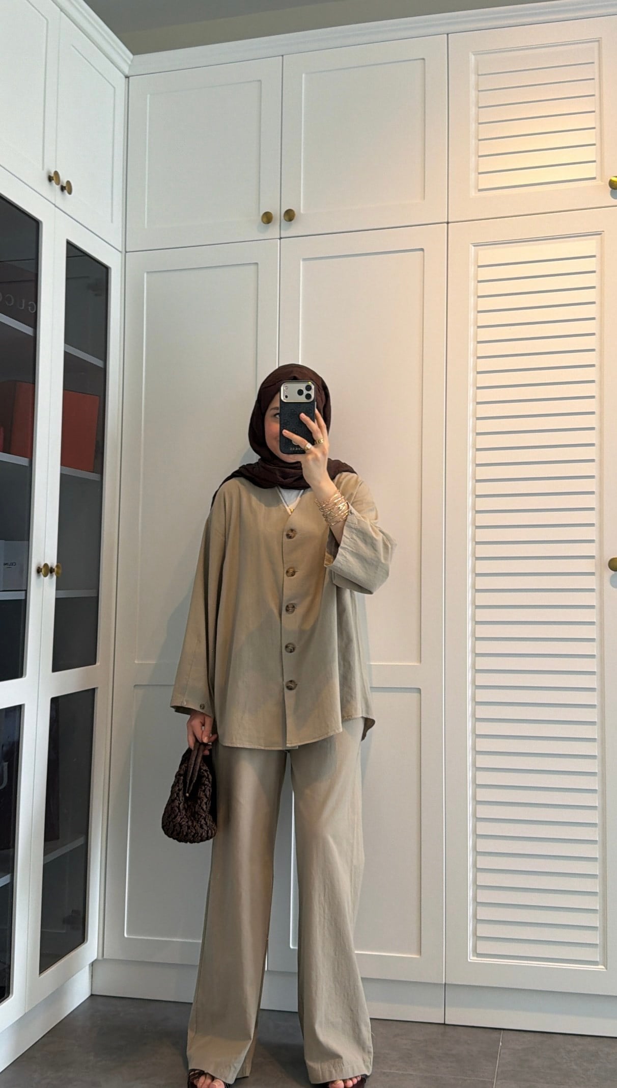 V Yaka Oversize Keten Takım Haki