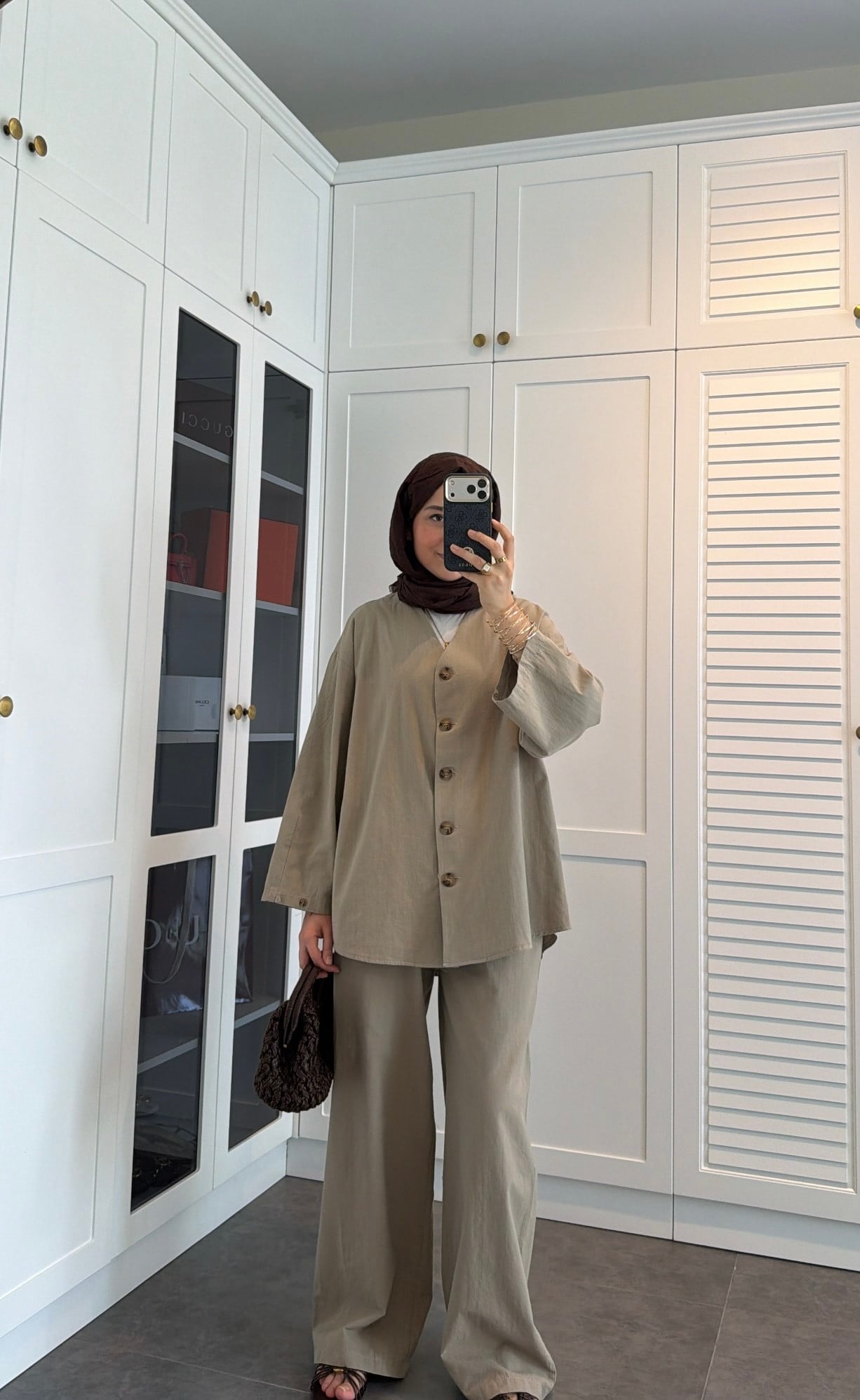 V Yaka Oversize Keten Takım Haki