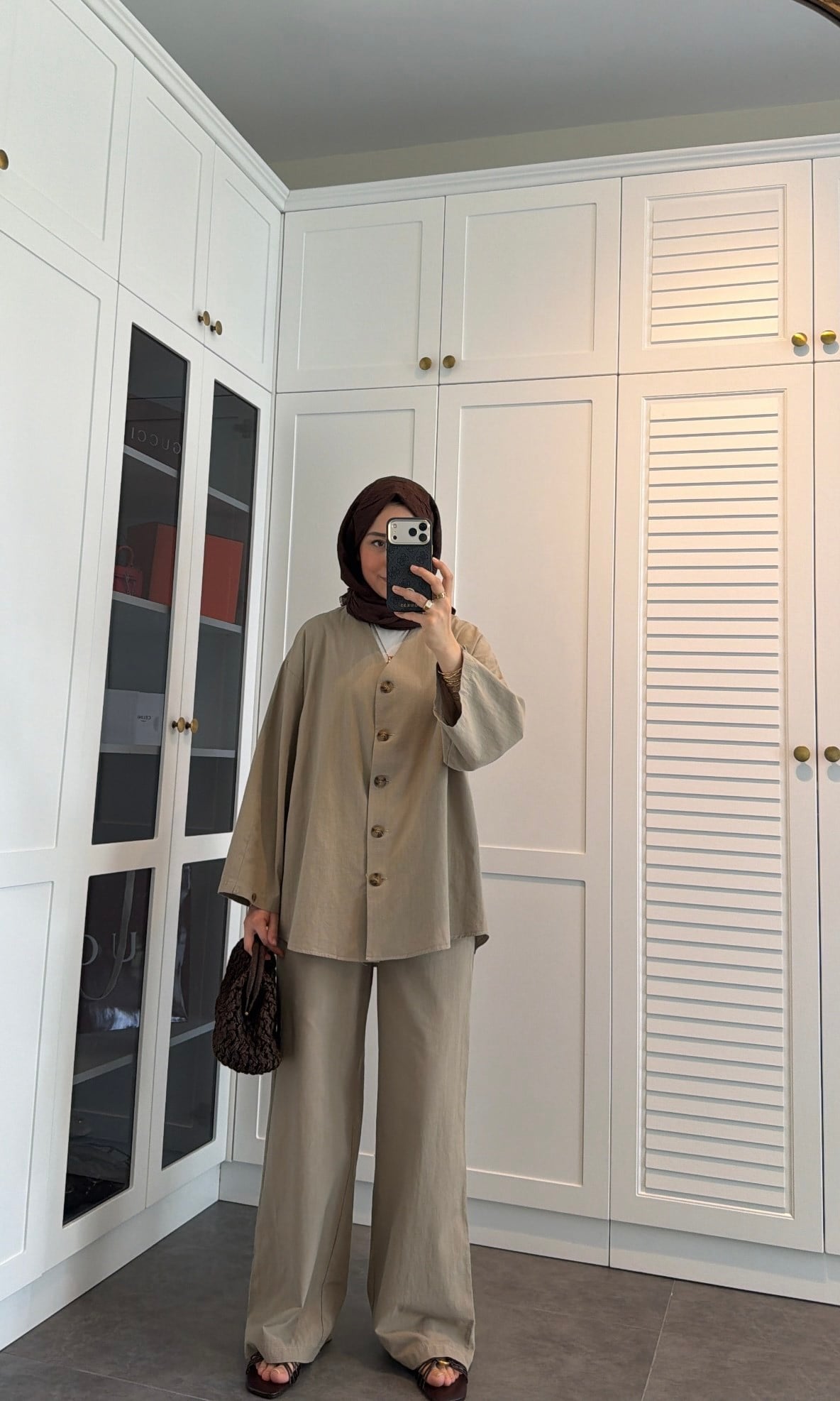 V Yaka Oversize Keten Takım Haki