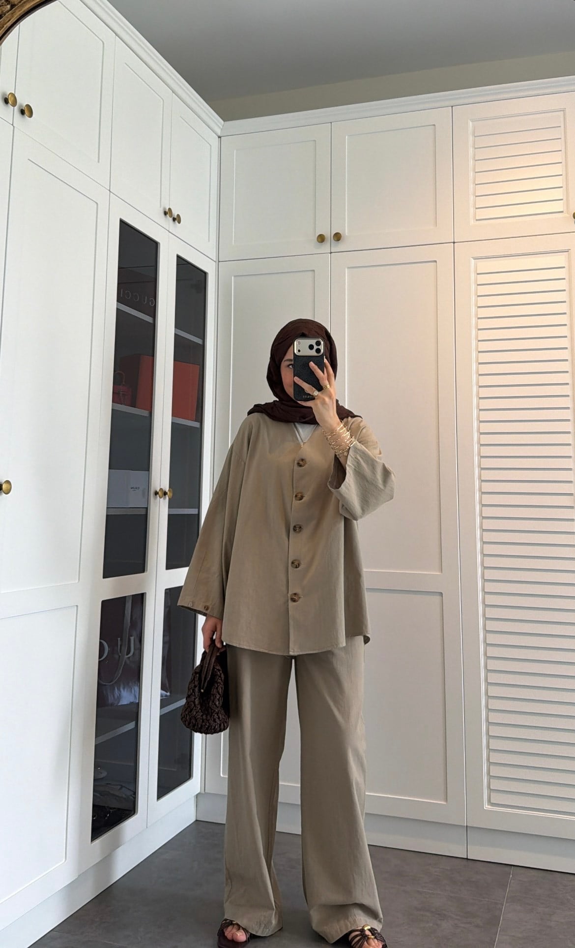 V Yaka Oversize Keten Takım Haki
