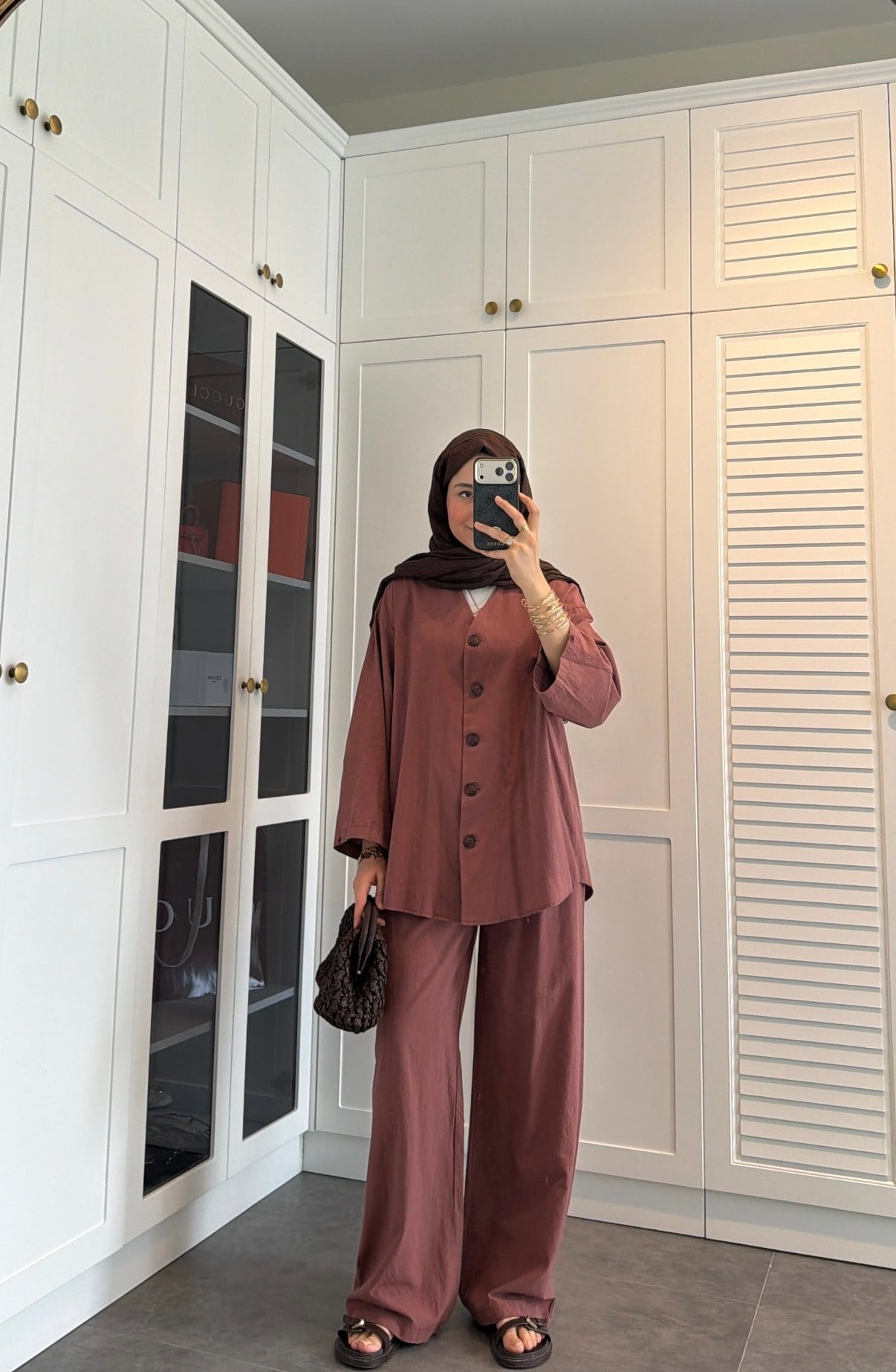 V Yaka Oversize Keten Takım Kiremit