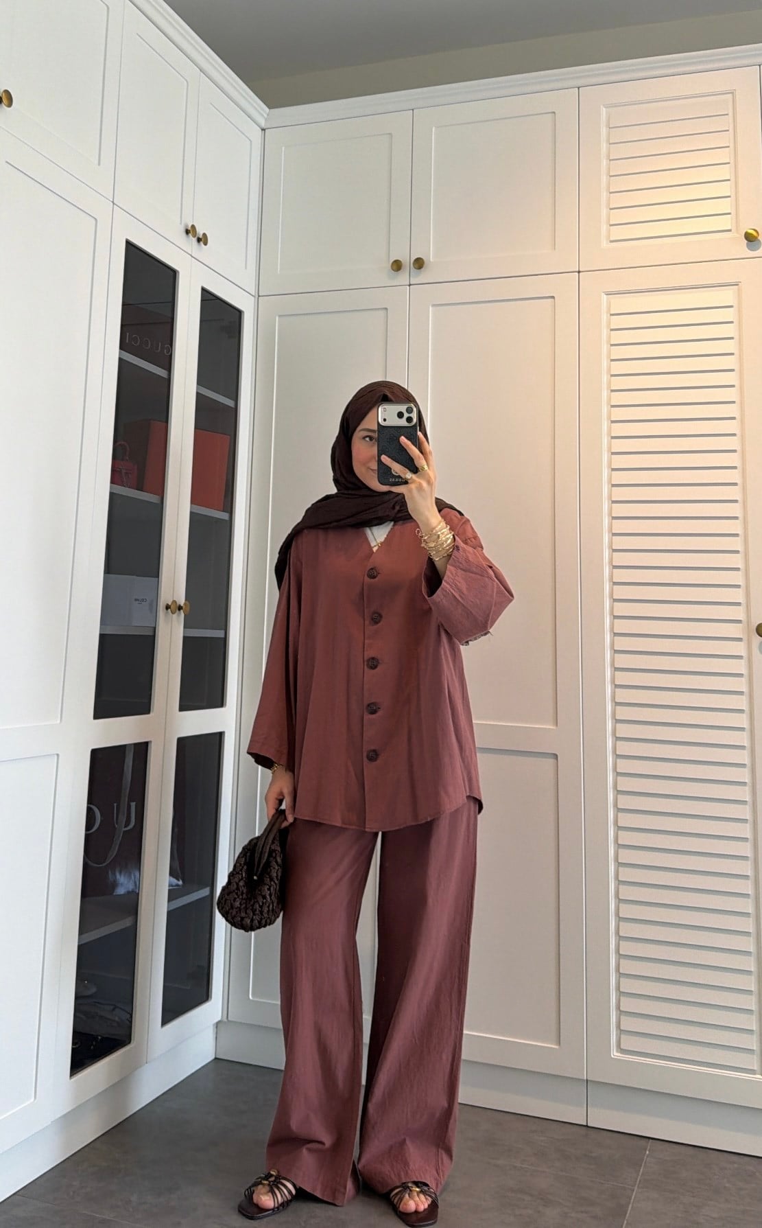 V Yaka Oversize Keten Takım Kiremit