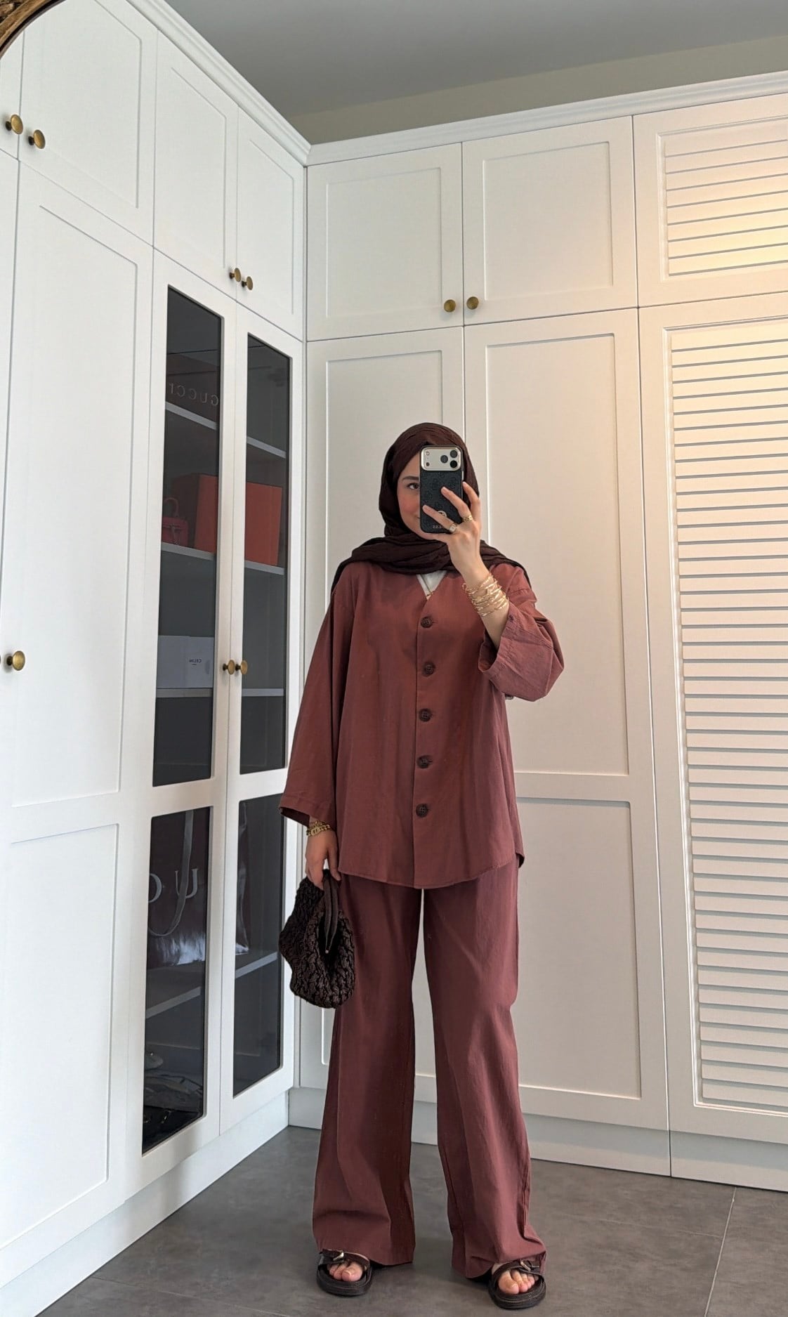 V Yaka Oversize Keten Takım Kiremit