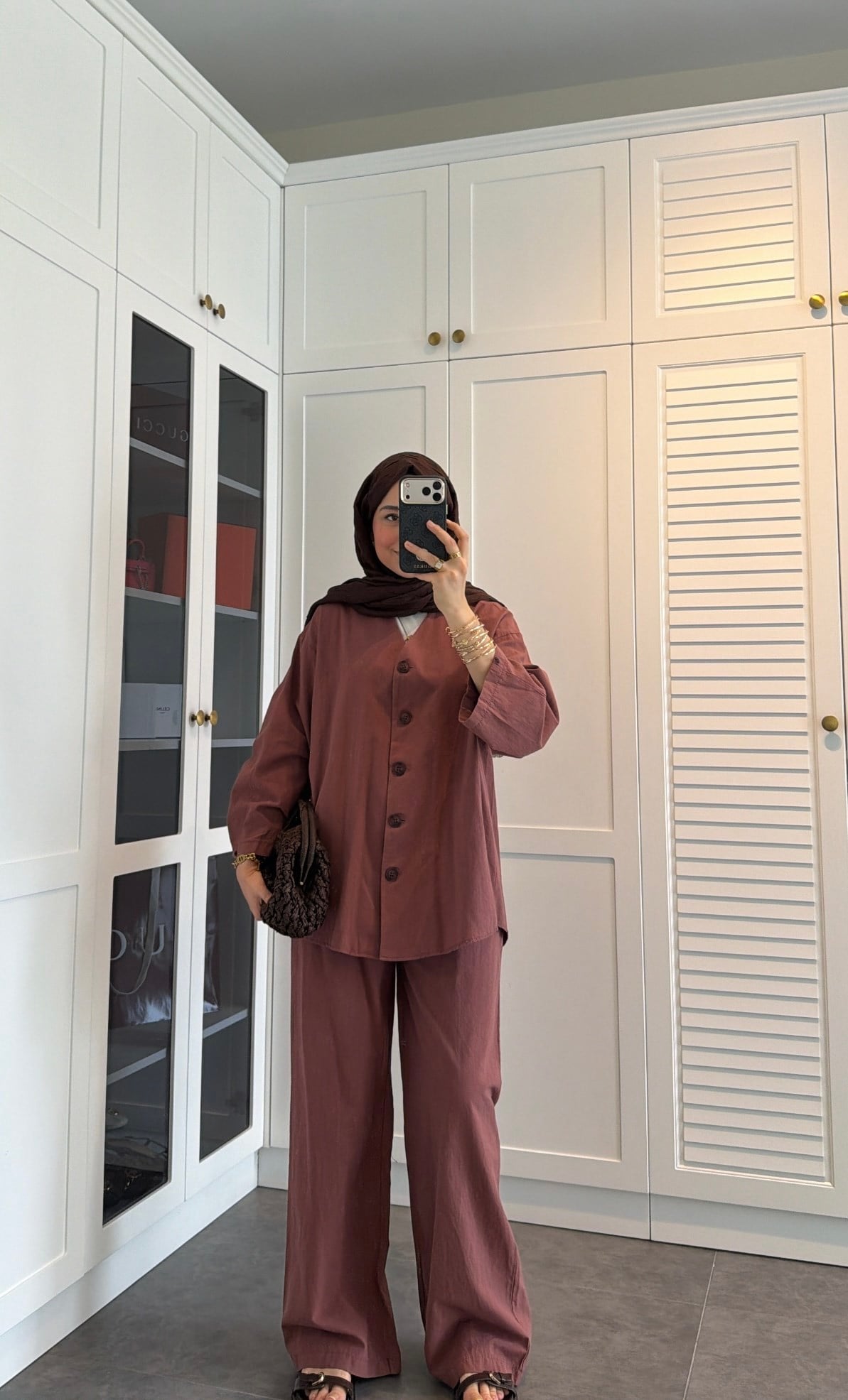 V Yaka Oversize Keten Takım Kiremit