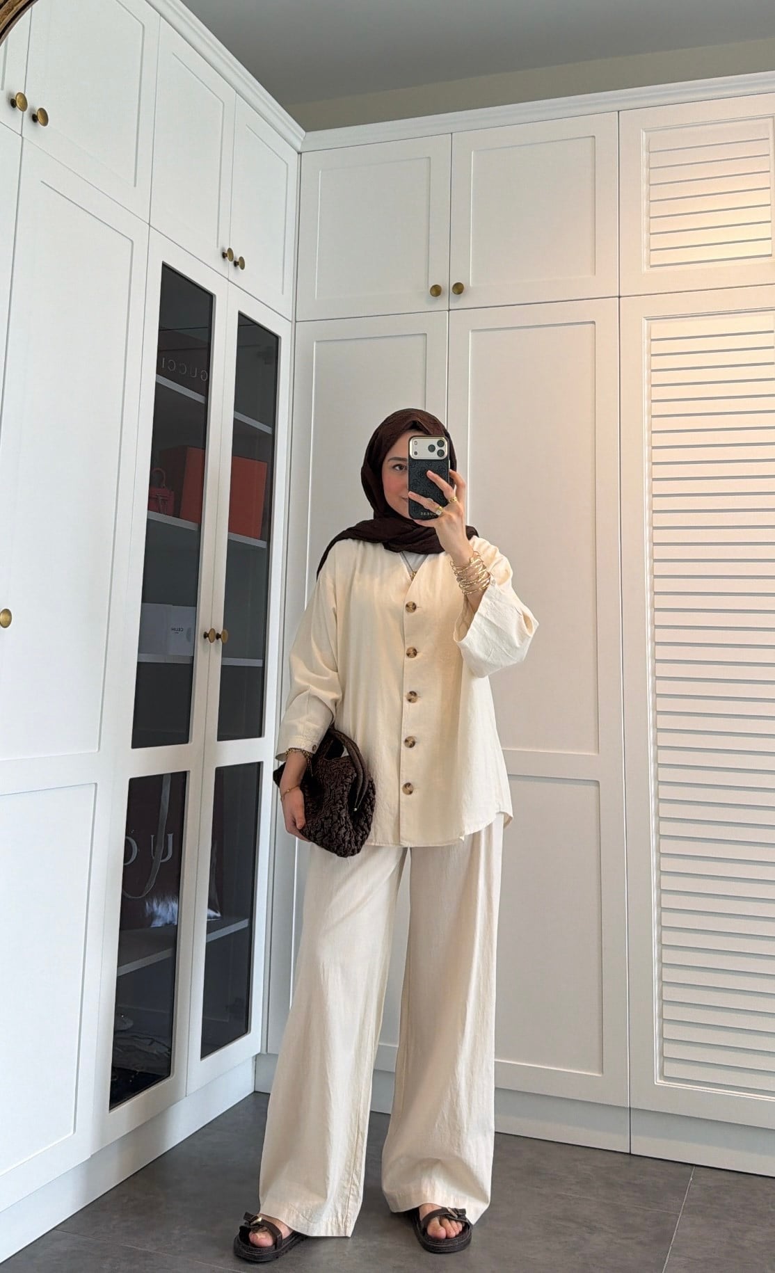 V Yaka Oversize Keten Takım Taş