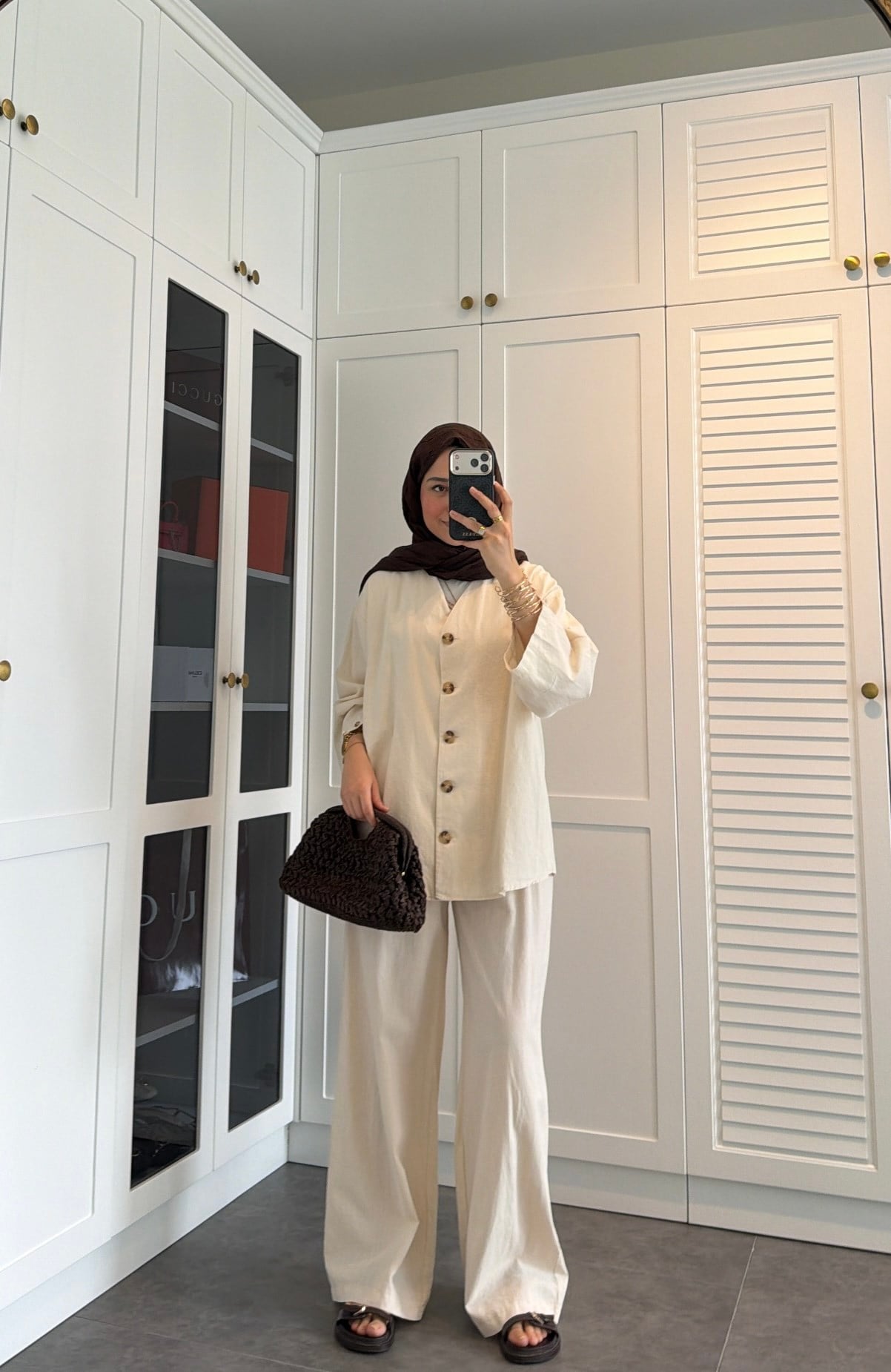 V Yaka Oversize Keten Takım Taş