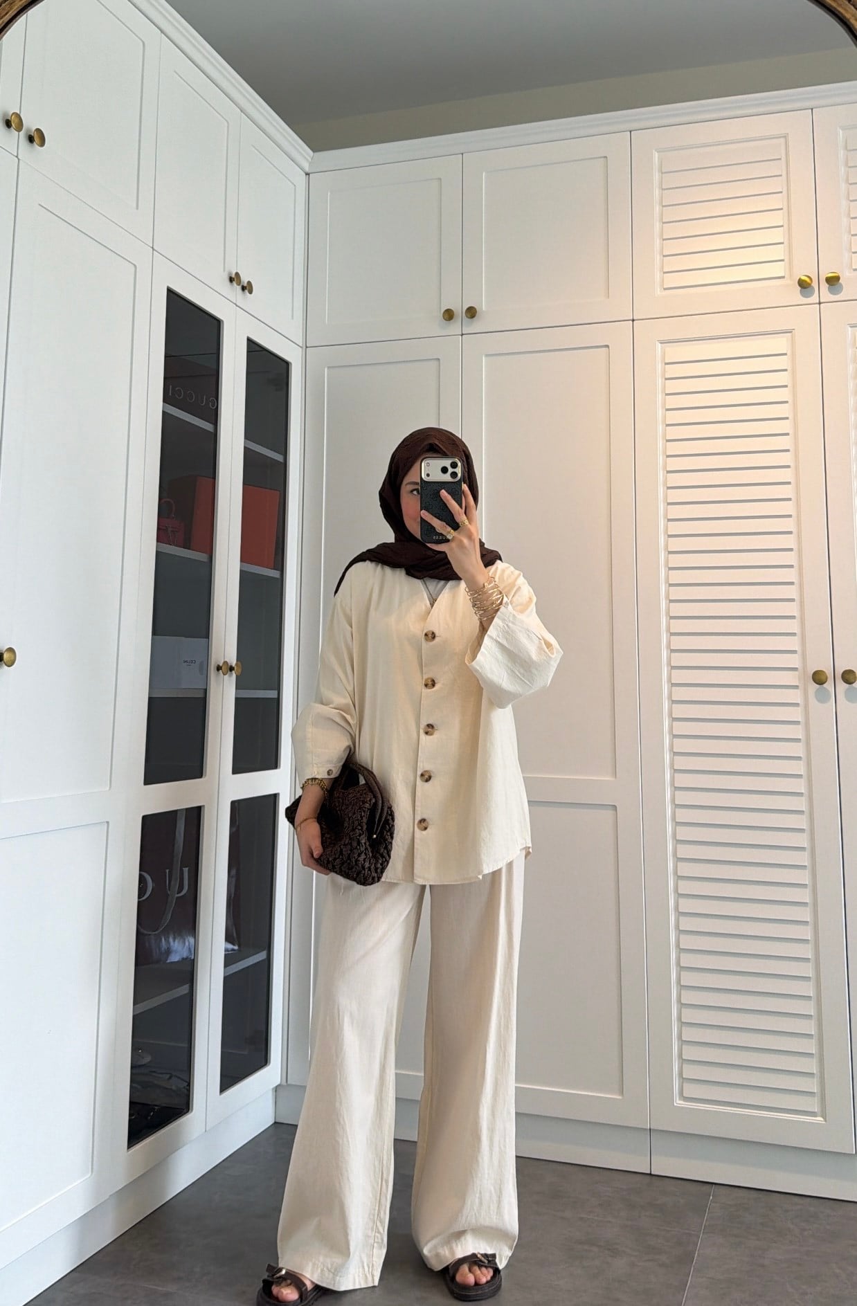 V Yaka Oversize Keten Takım Taş