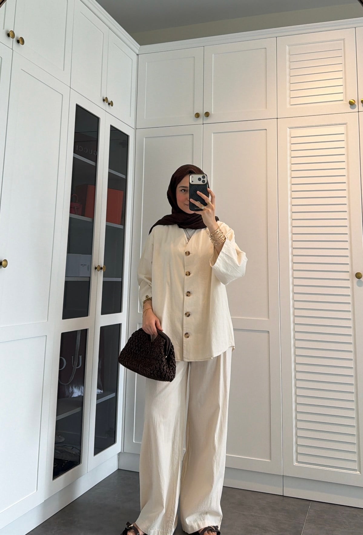 V Yaka Oversize Keten Takım Taş