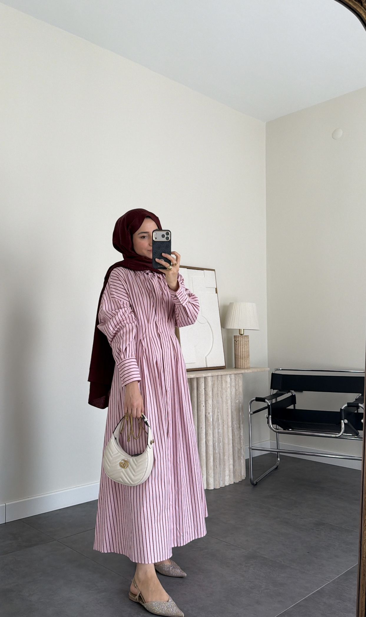 Vintage  Çizgili  Elbise Pembe