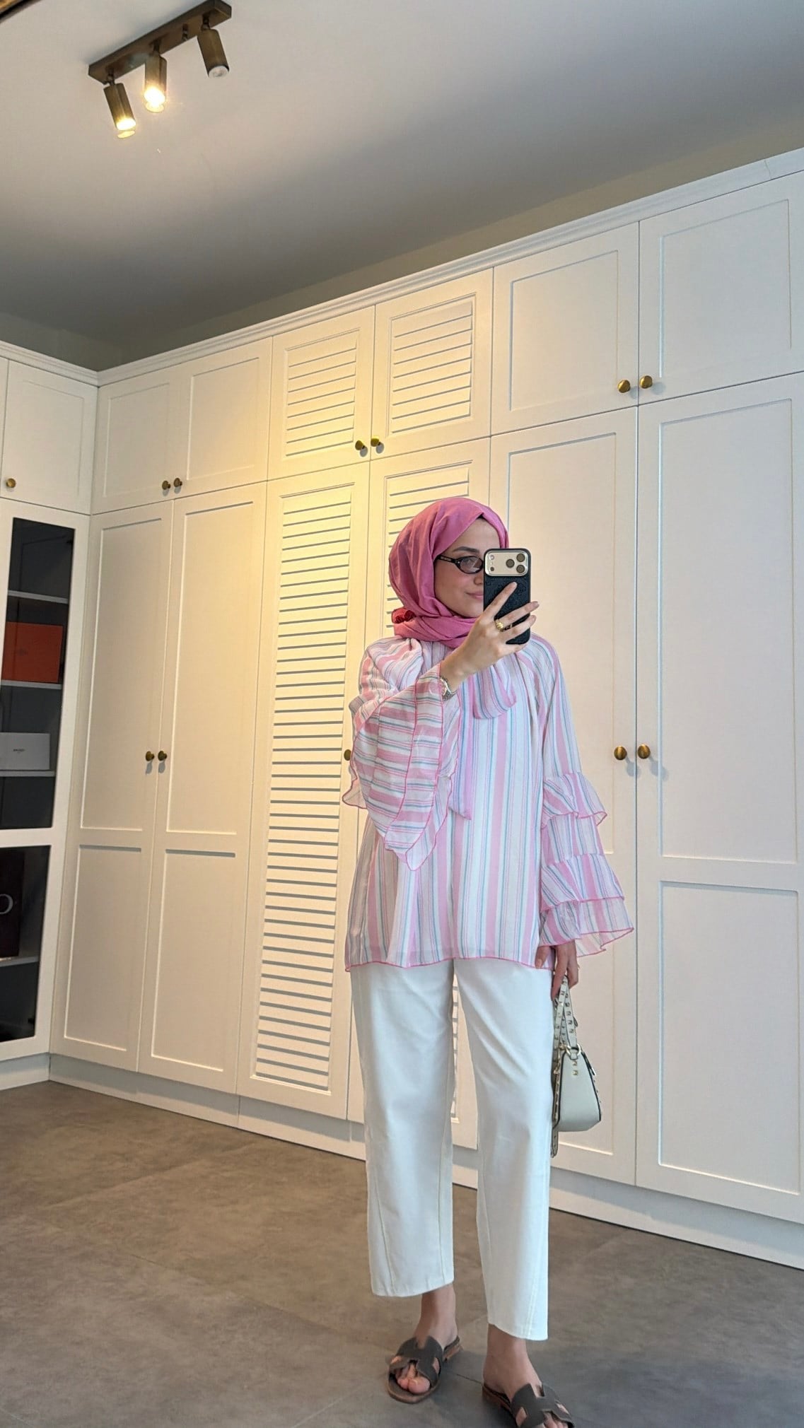 Volanlı Şifon Çizgili Bluz Pembe