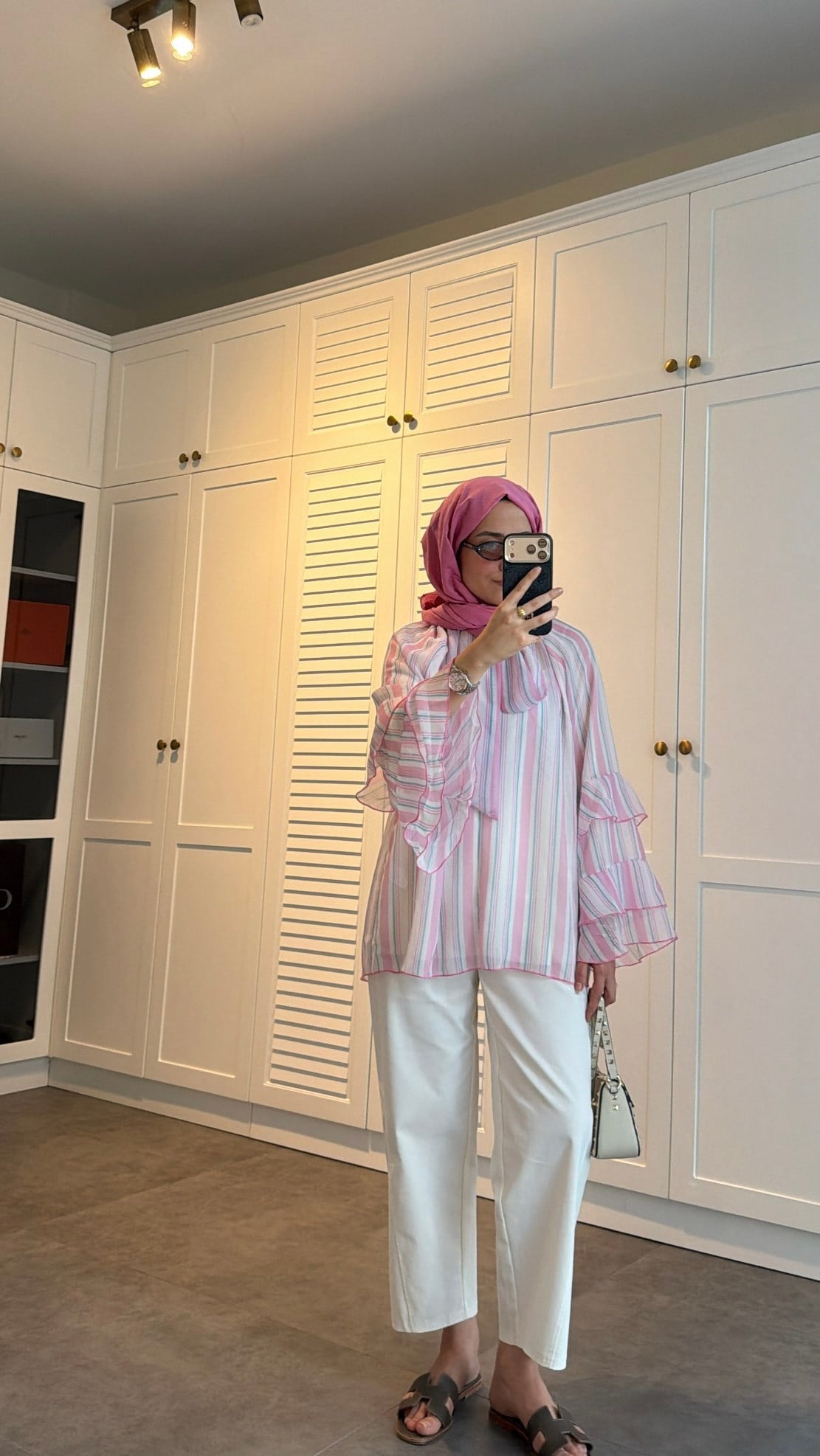 Volanlı Şifon Çizgili Bluz Pembe