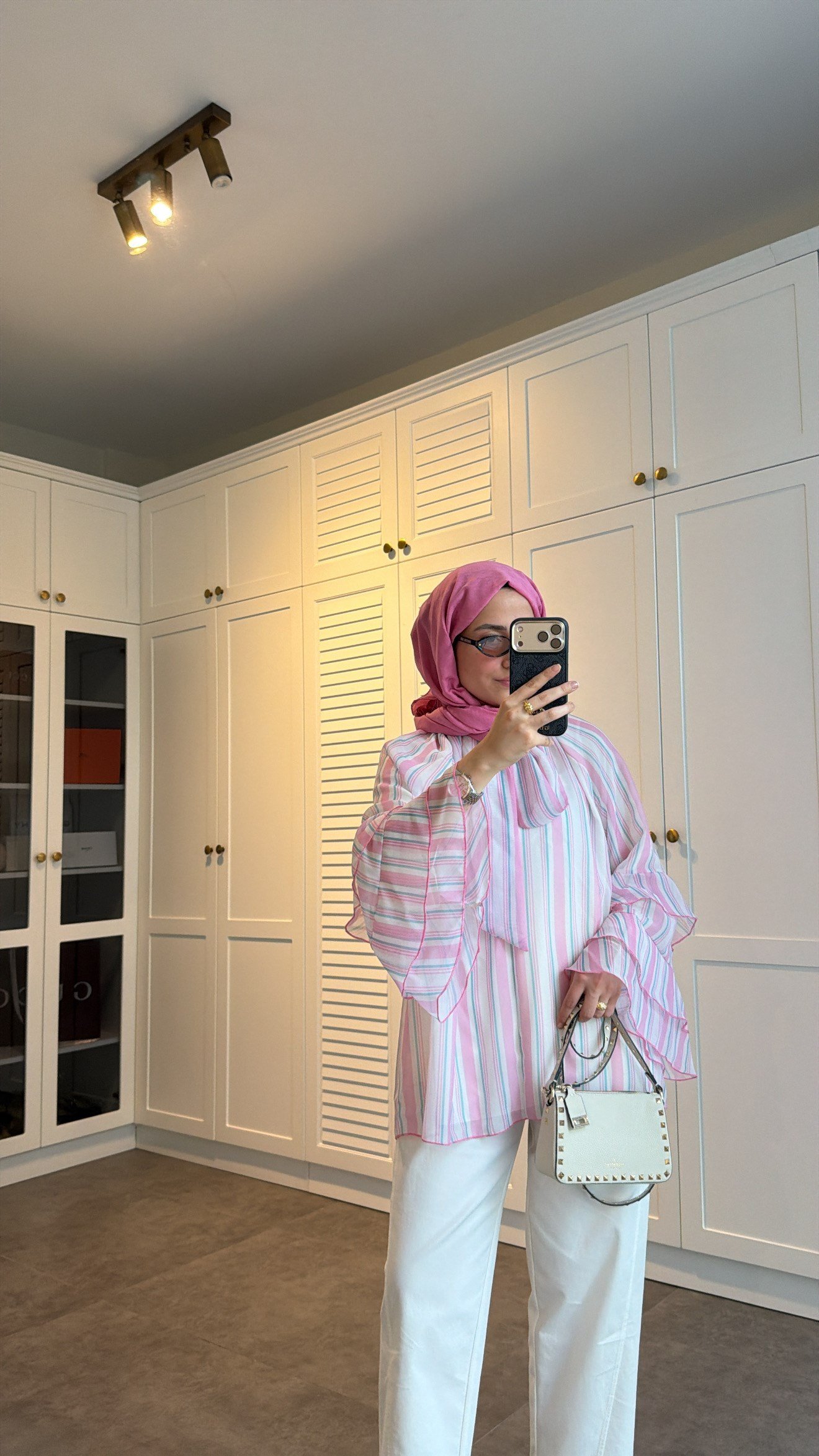 Volanlı Şifon Çizgili Bluz Pembe