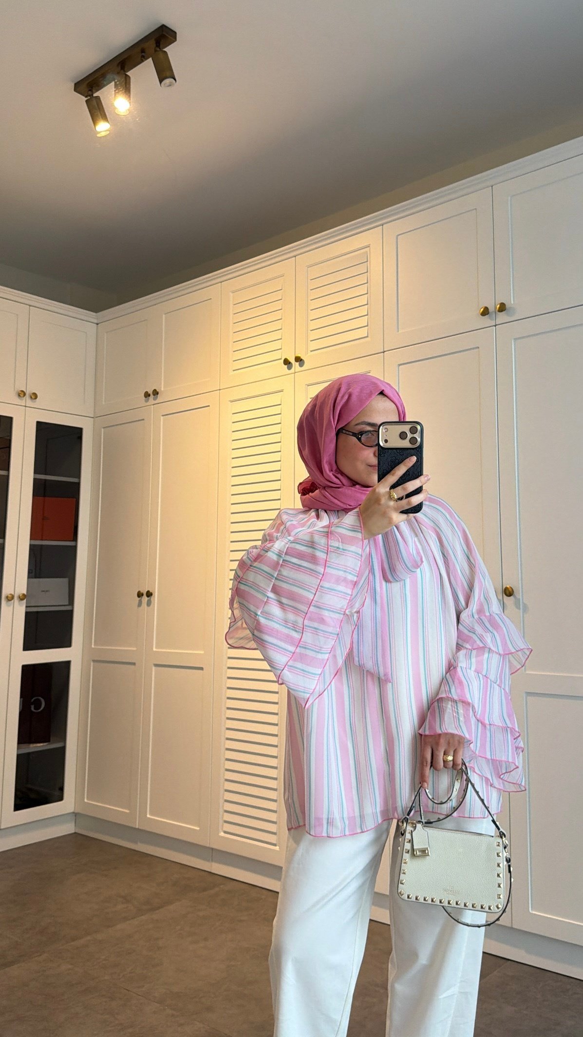 Volanlı Şifon Çizgili Bluz Pembe