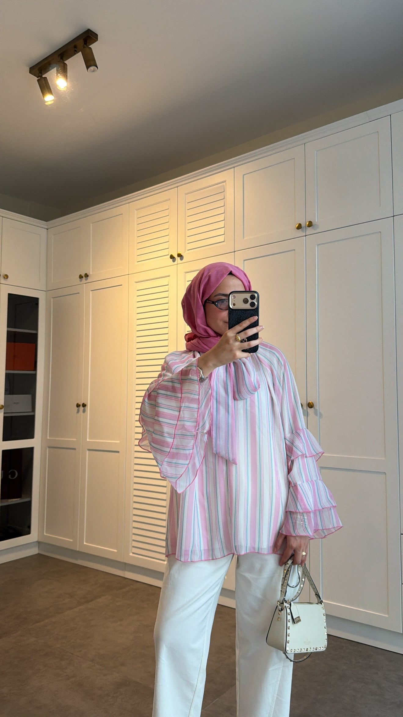 Volanlı Şifon Çizgili Bluz Pembe