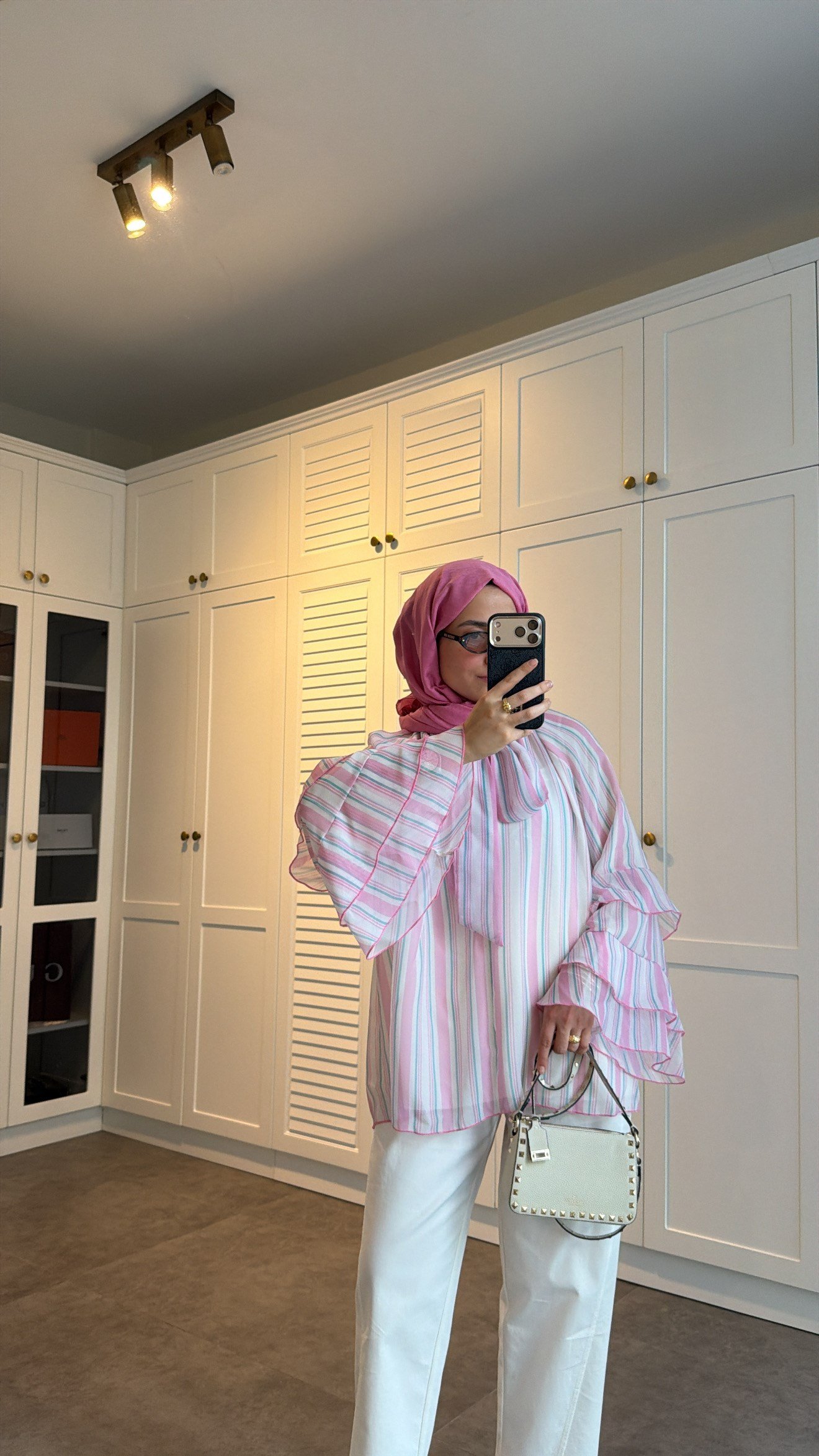 Volanlı Şifon Çizgili Bluz Pembe