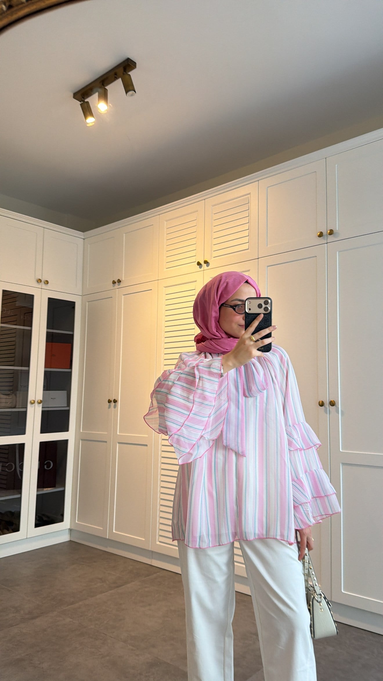 Volanlı Şifon Çizgili Bluz Pembe