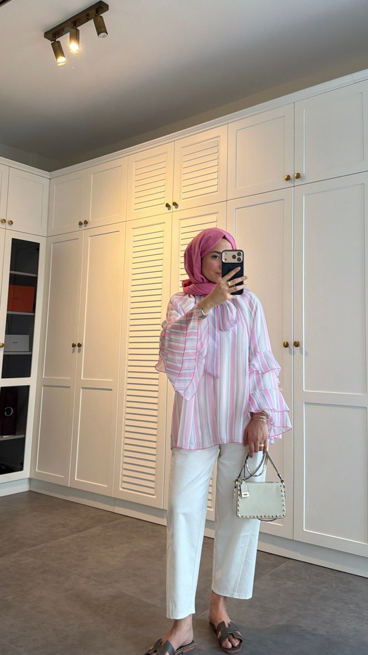 Volanlı Şifon Çizgili Bluz Pembe