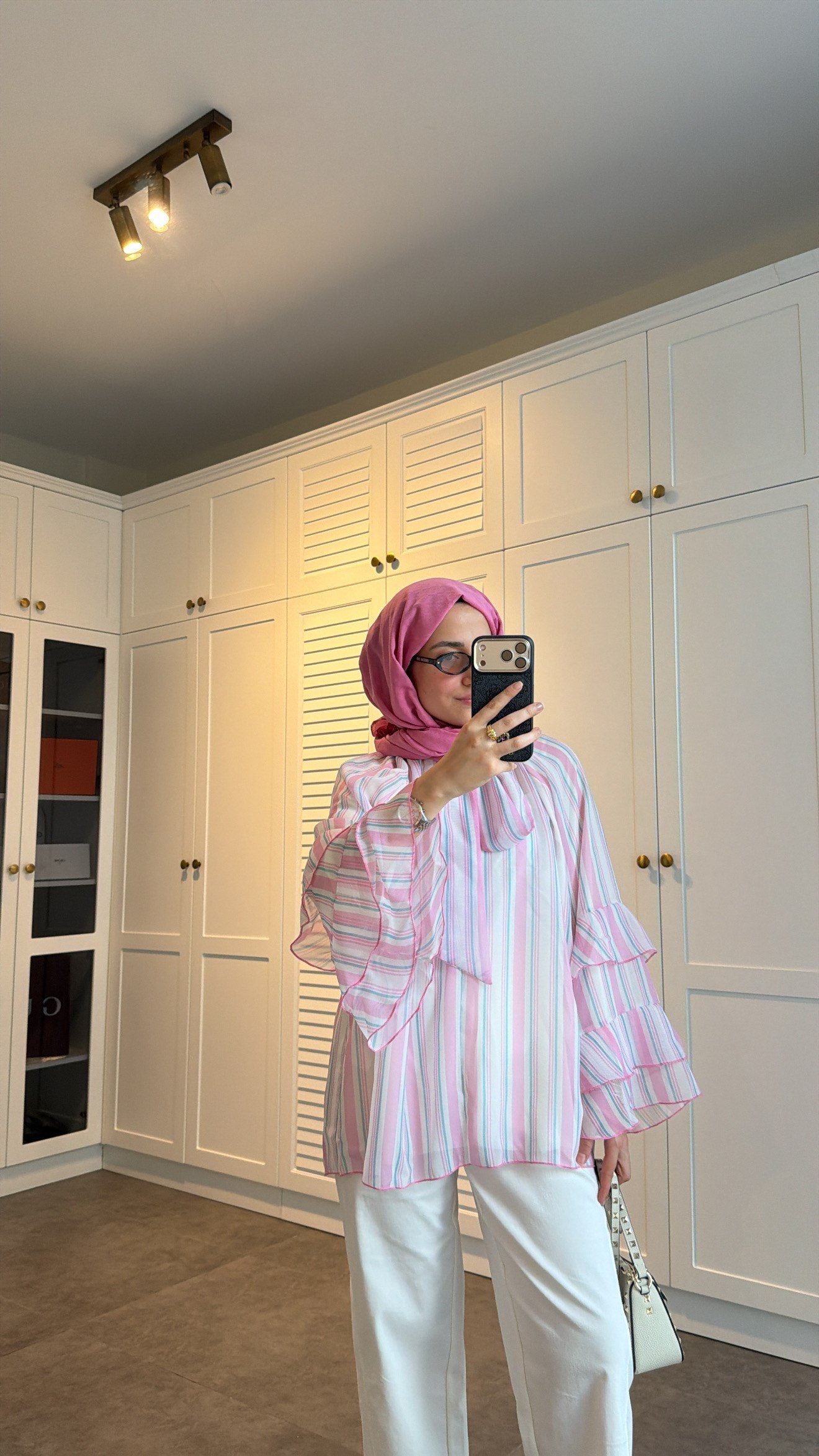 Volanlı Şifon Çizgili Bluz Pembe