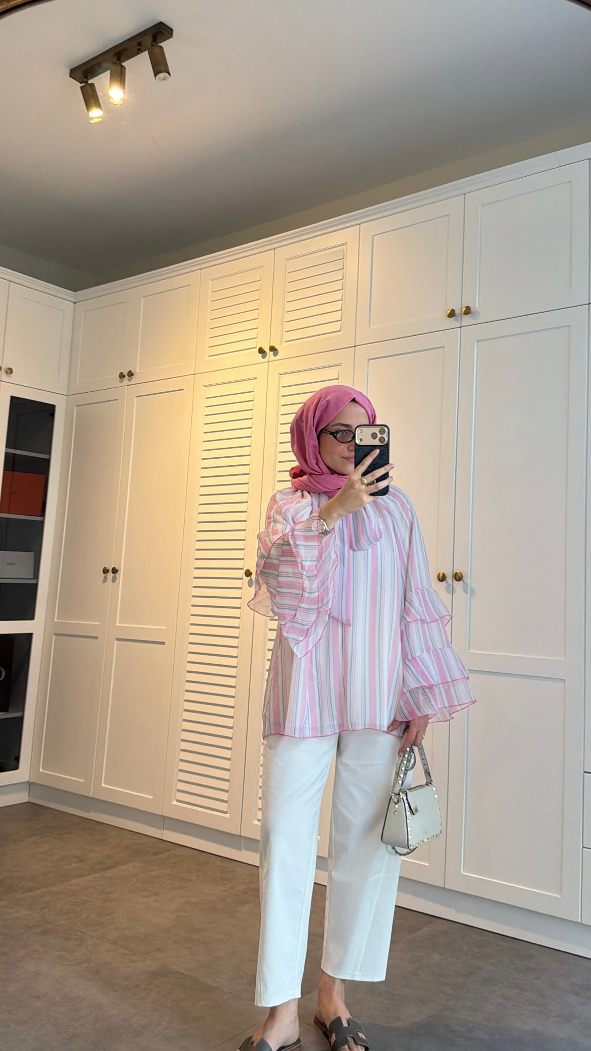 Volanlı Şifon Çizgili Bluz Pembe