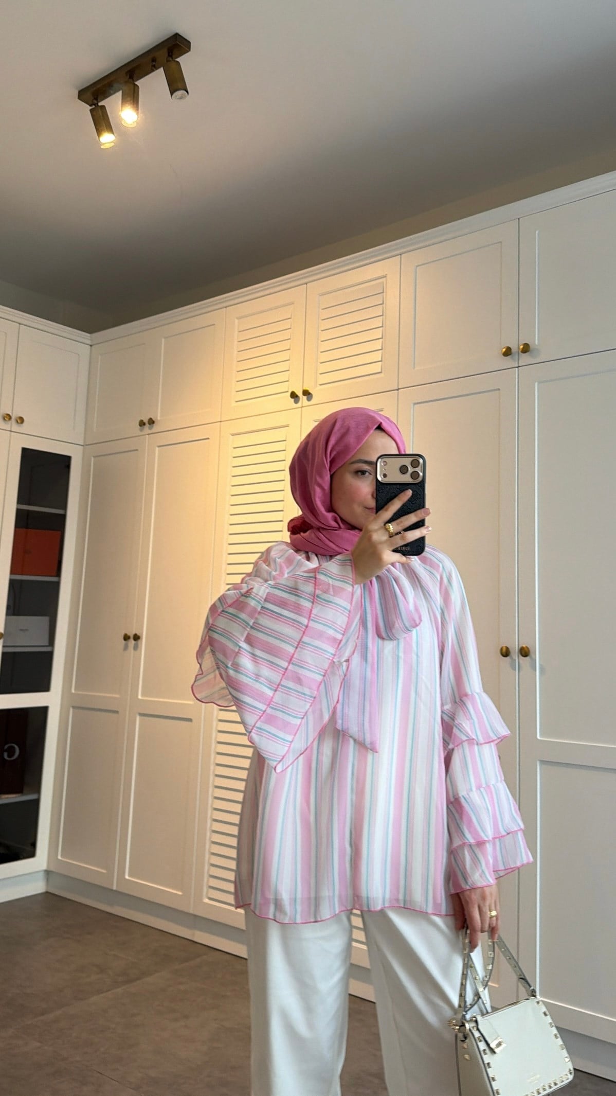 Volanlı Şifon Çizgili Bluz Pembe