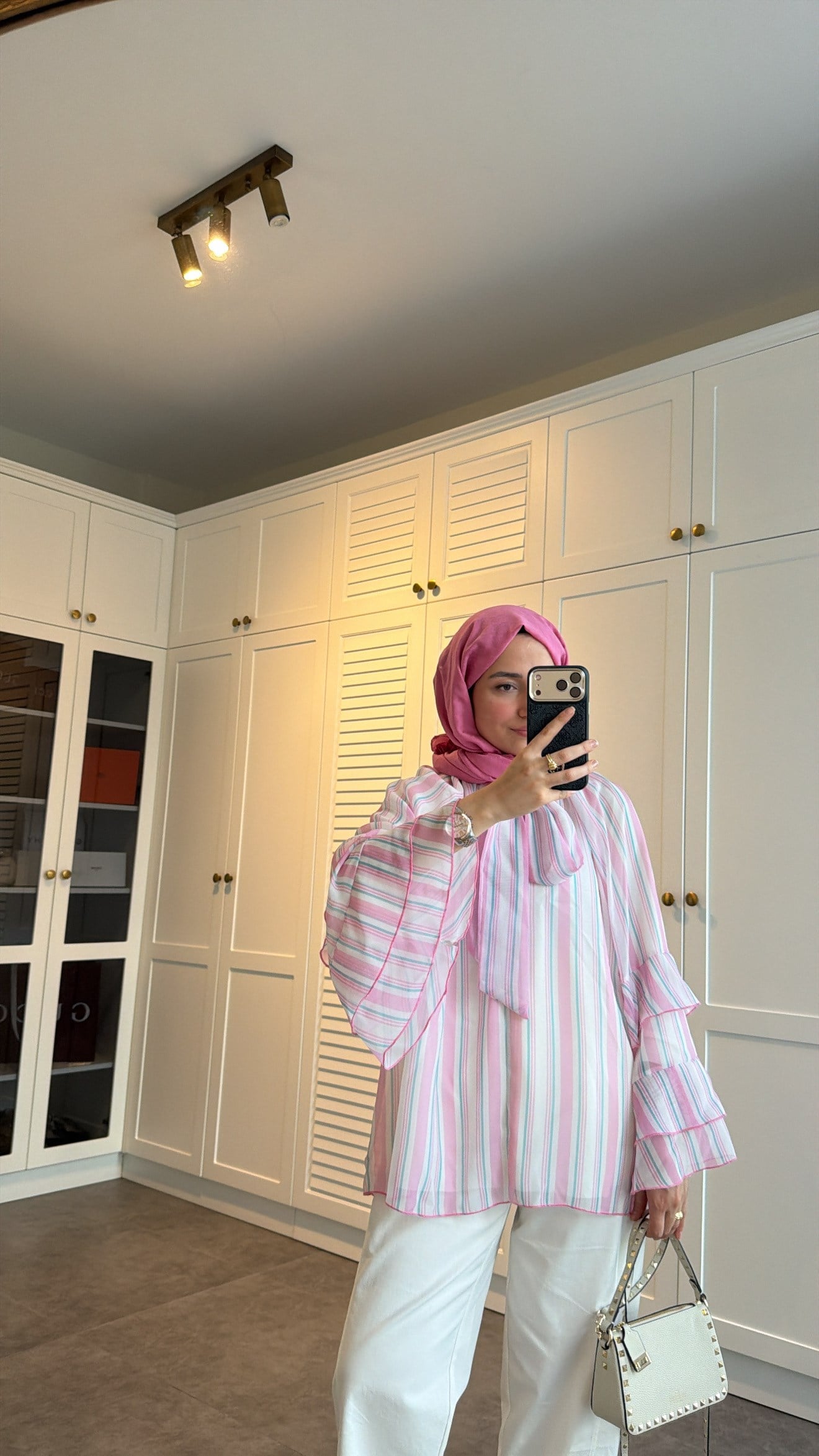 Volanlı Şifon Çizgili Bluz Pembe