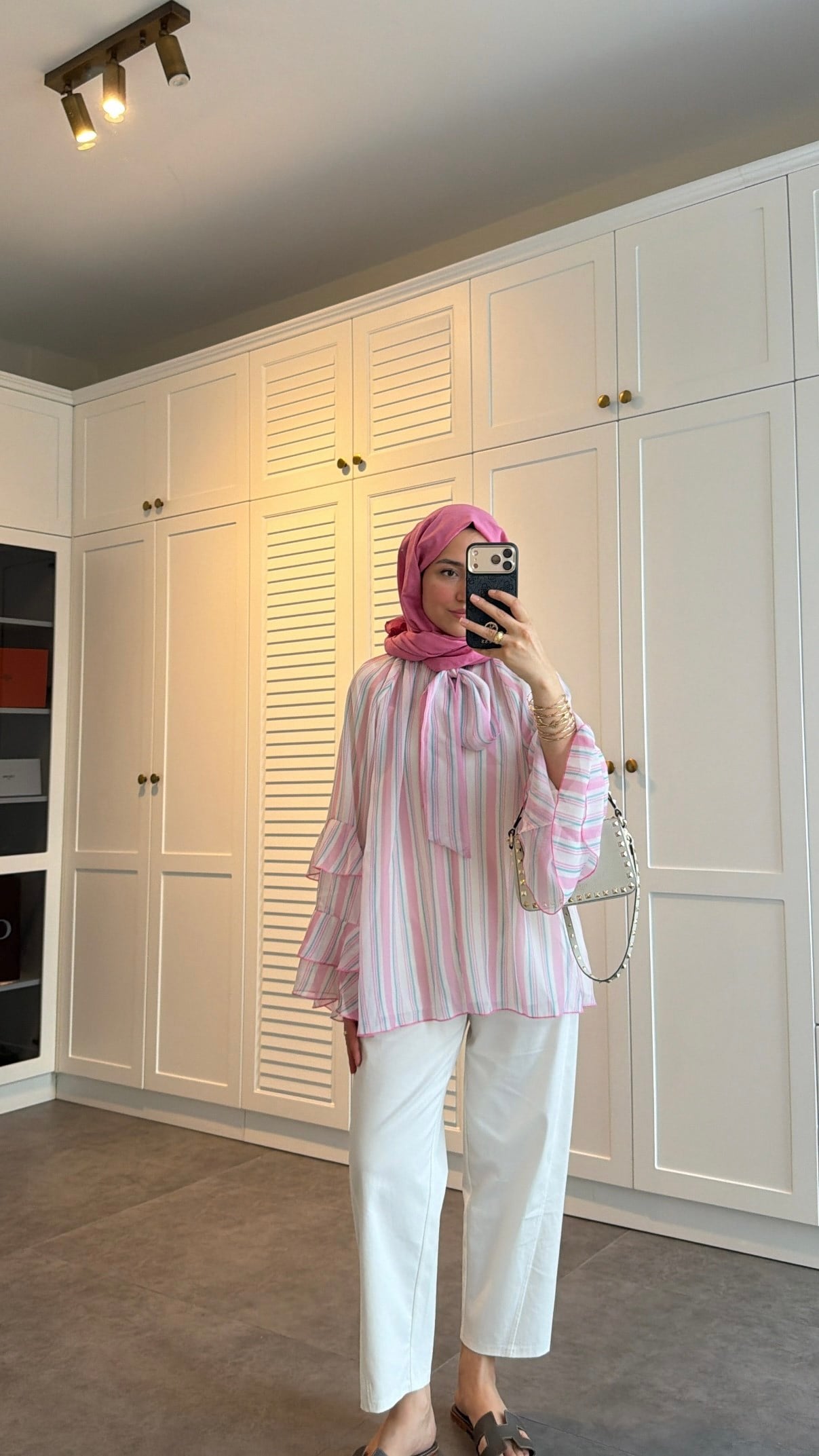 Volanlı Şifon Çizgili Bluz Pembe