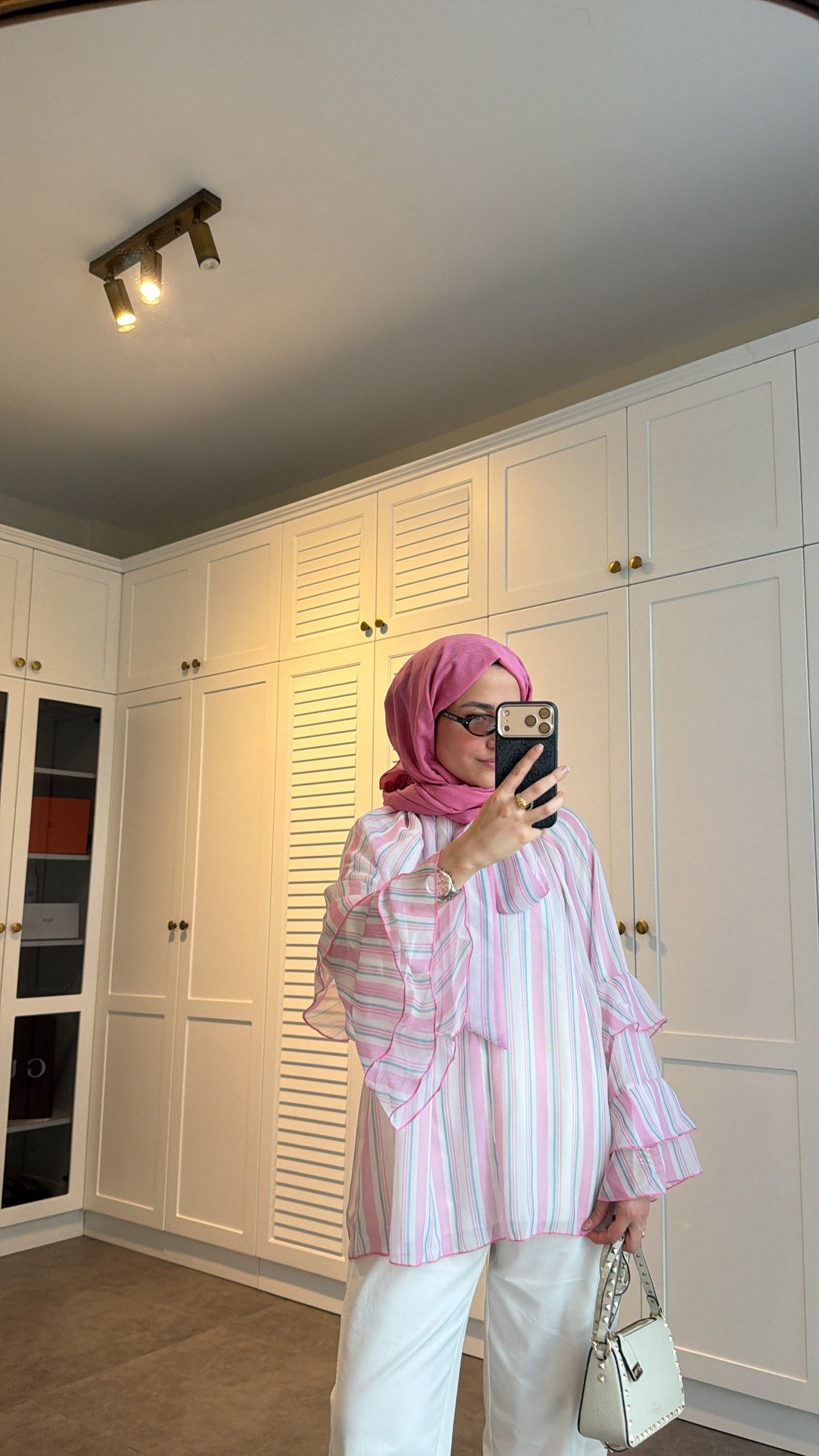 Volanlı Şifon Çizgili Bluz Pembe