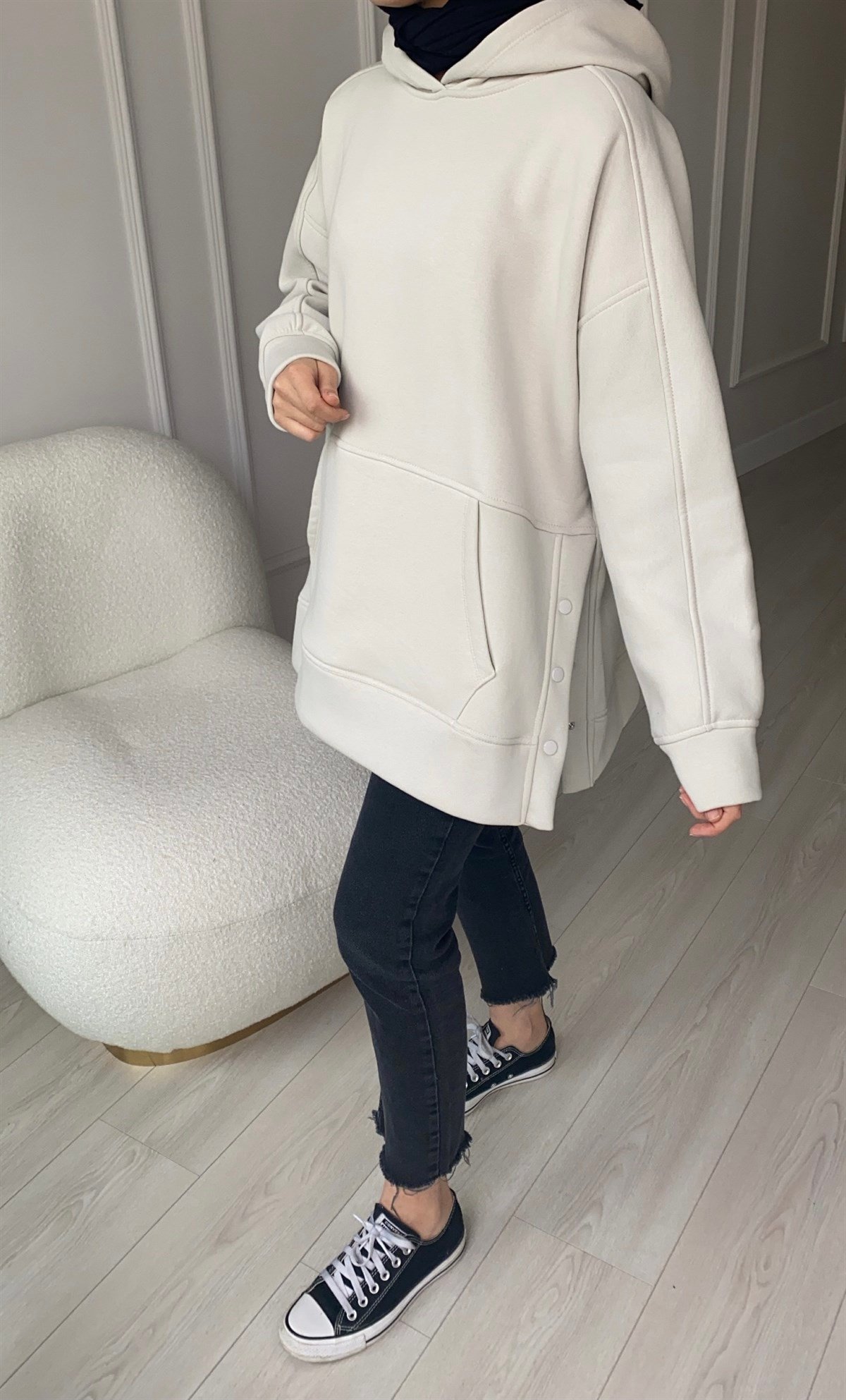 Yanları Çıt Çıt Detaylı Taş Sweatshirt 