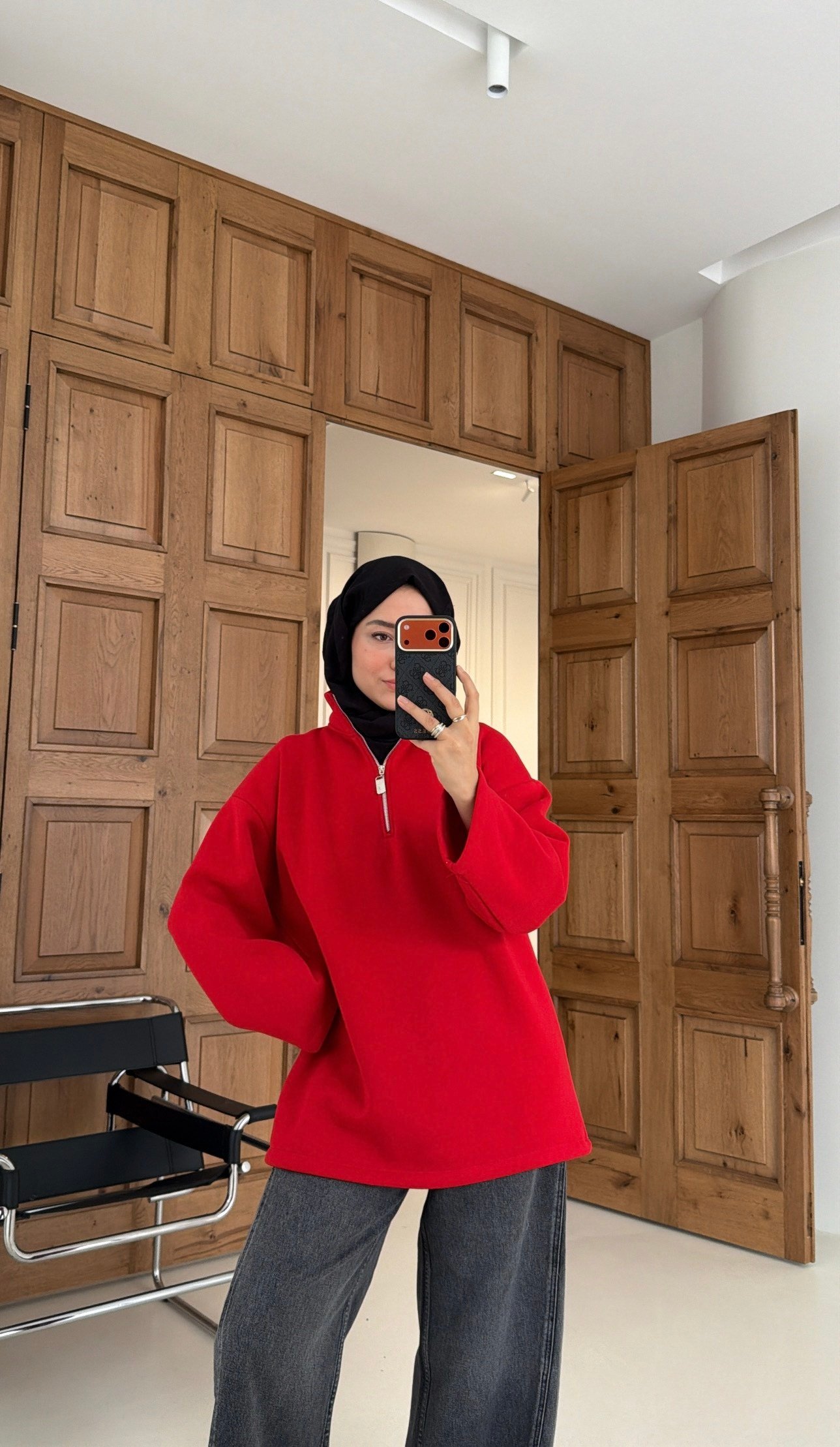 Yarım Fermuarlı Dik Yaka Sweatshırt Kırmızı