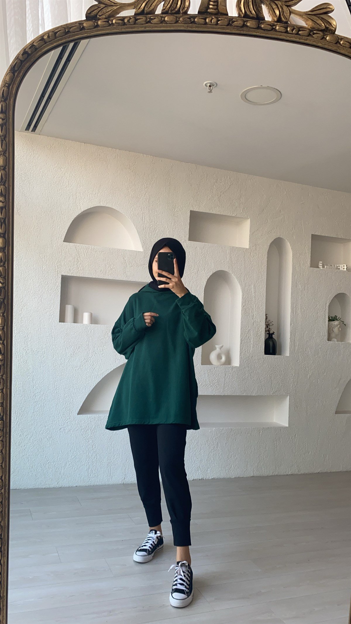 Yeşil Kapüşonlu Yanları Cepli Sweatshirt