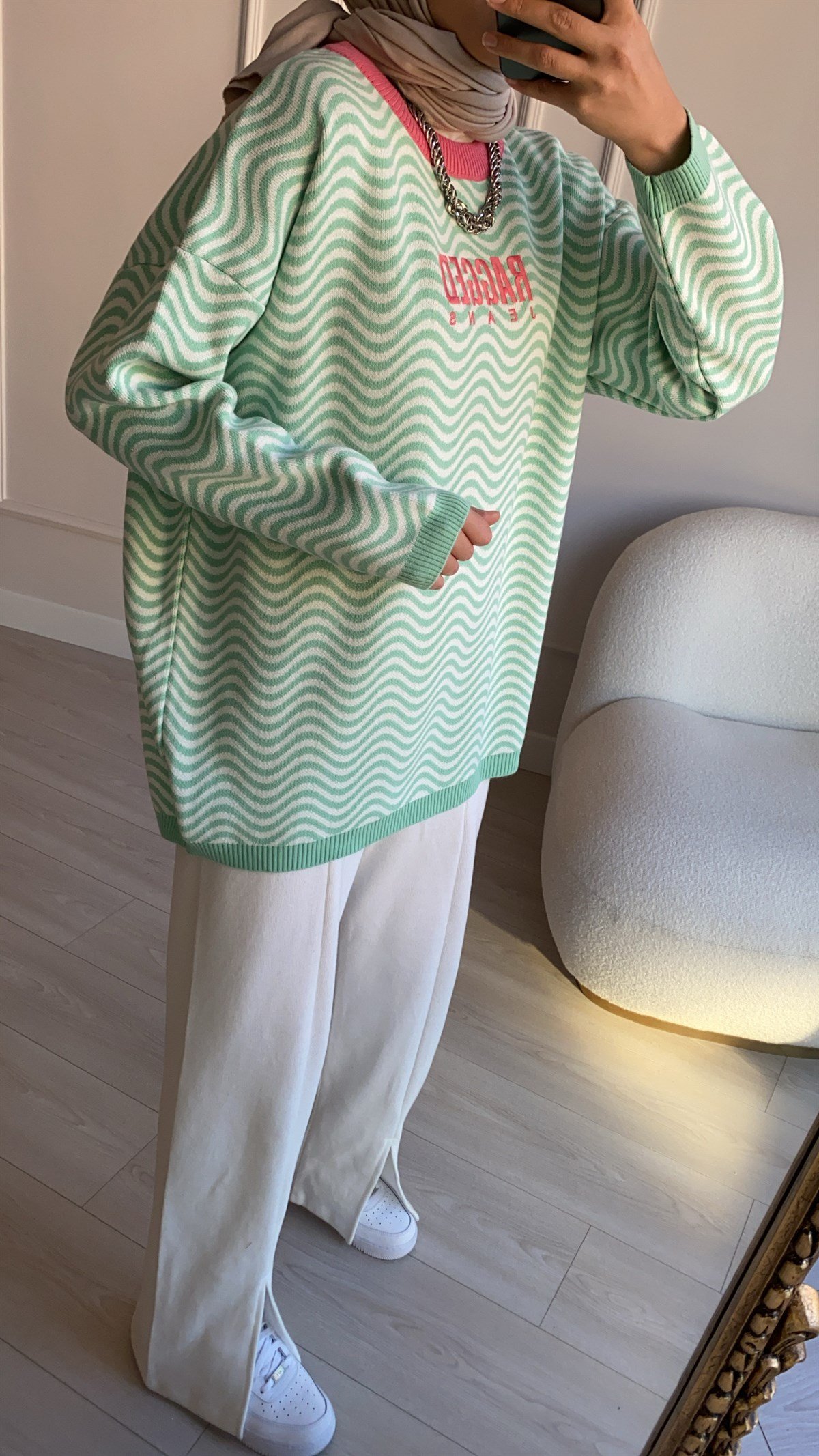 Yeşil Ragged Oversize Kazak