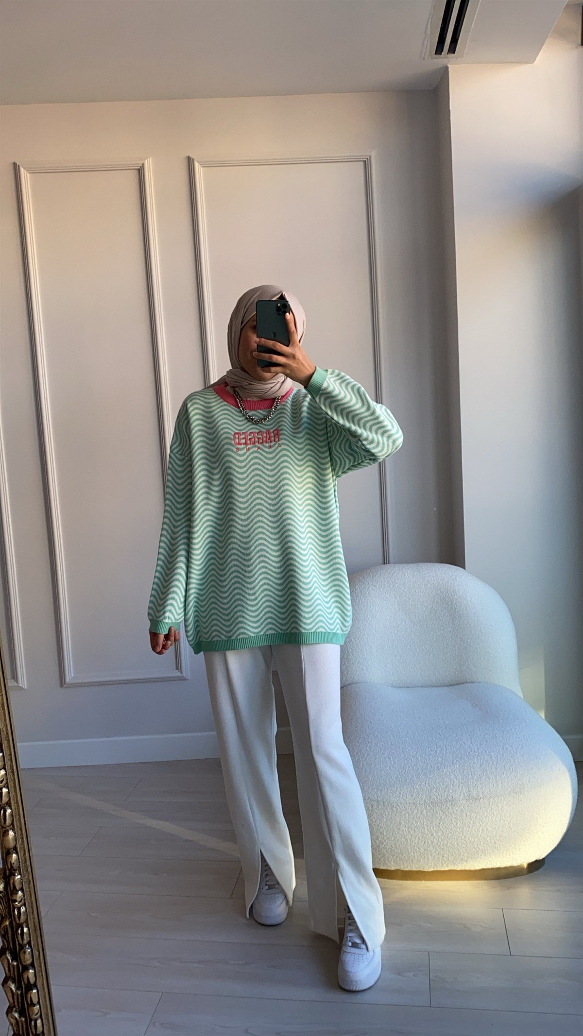 Yeşil Ragged Oversize Kazak