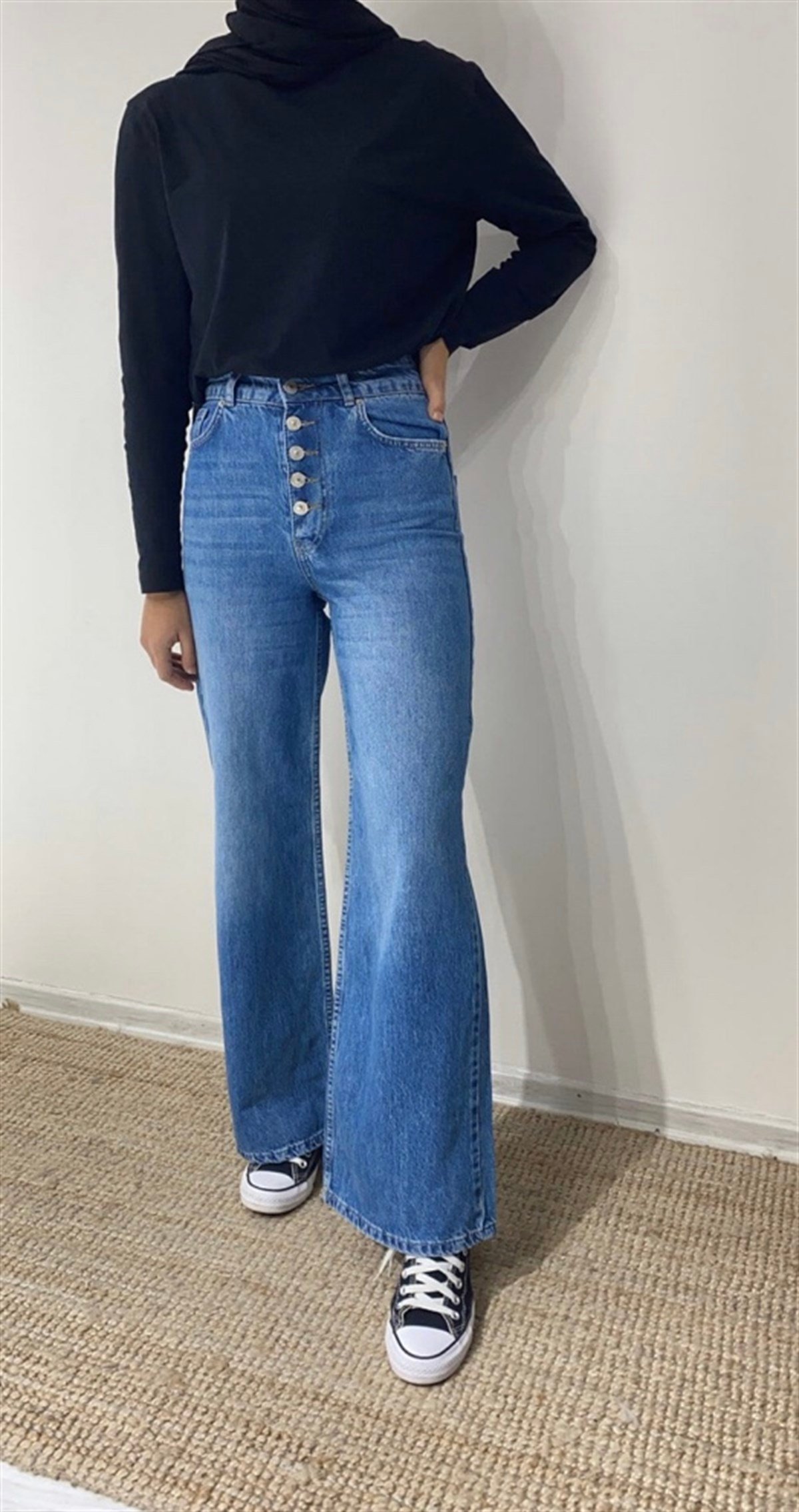 Yüksek Bel Düğmeli Jean