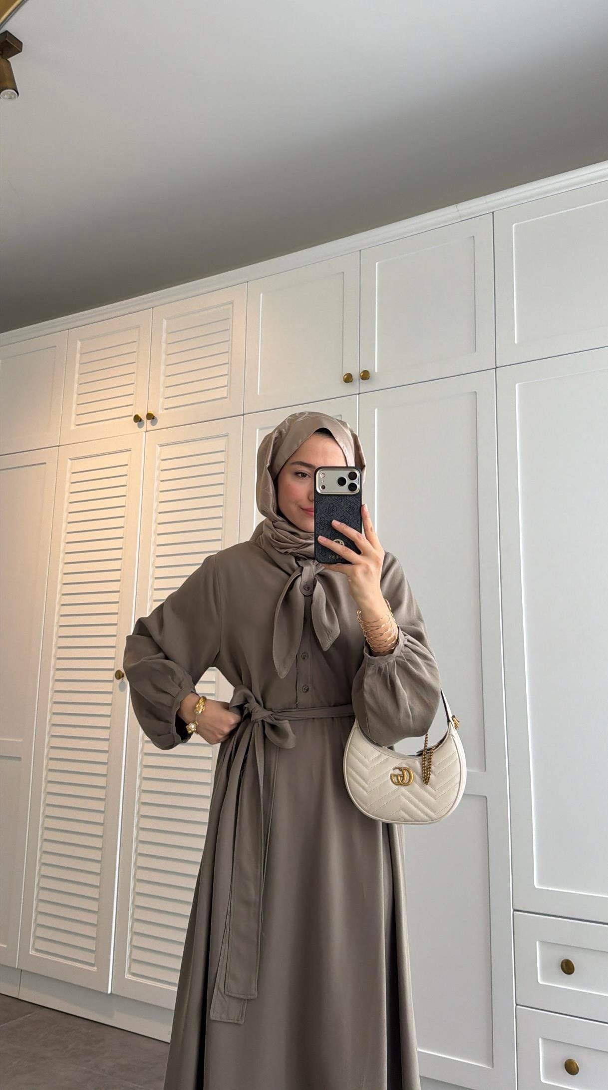 Zr Model Fular Detaylı Elbise Haki
