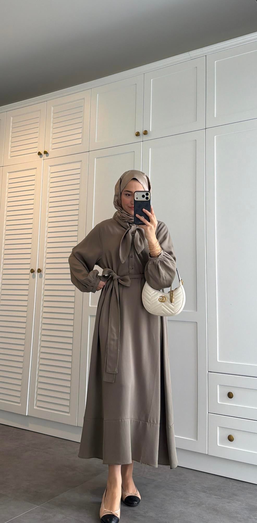 Zr Model Fular Detaylı Elbise Haki