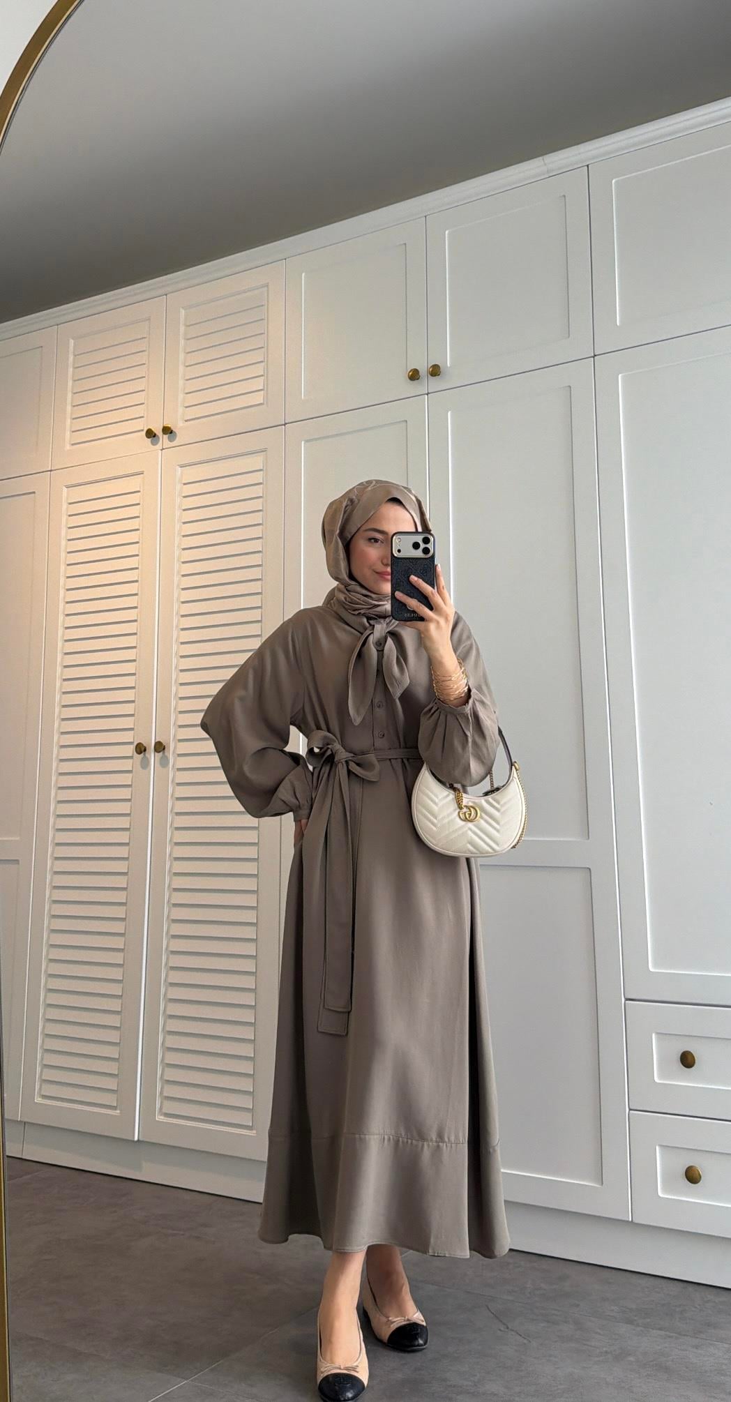 Zr Model Fular Detaylı Elbise Haki