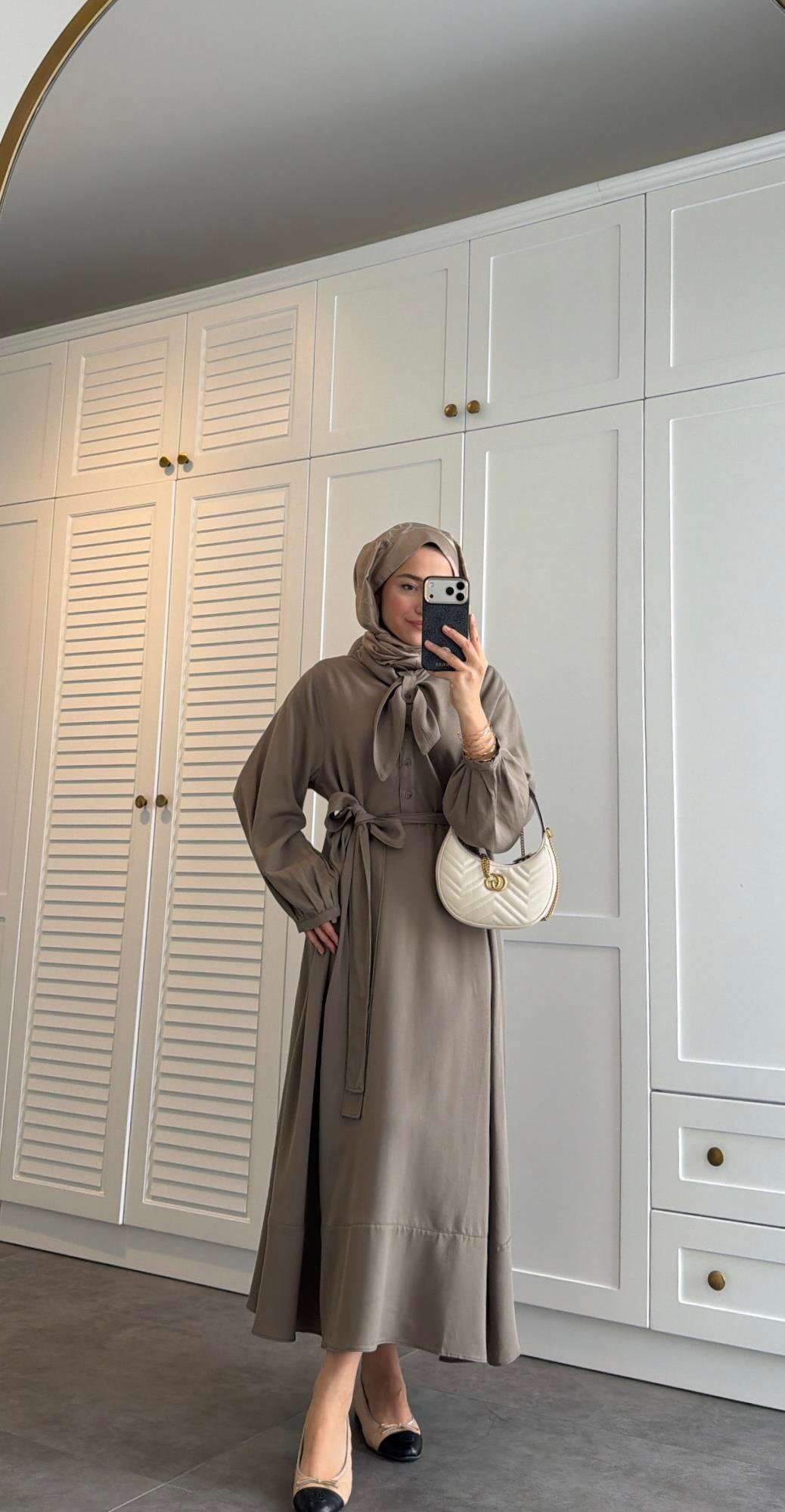 Zr Model Fular Detaylı Elbise Haki